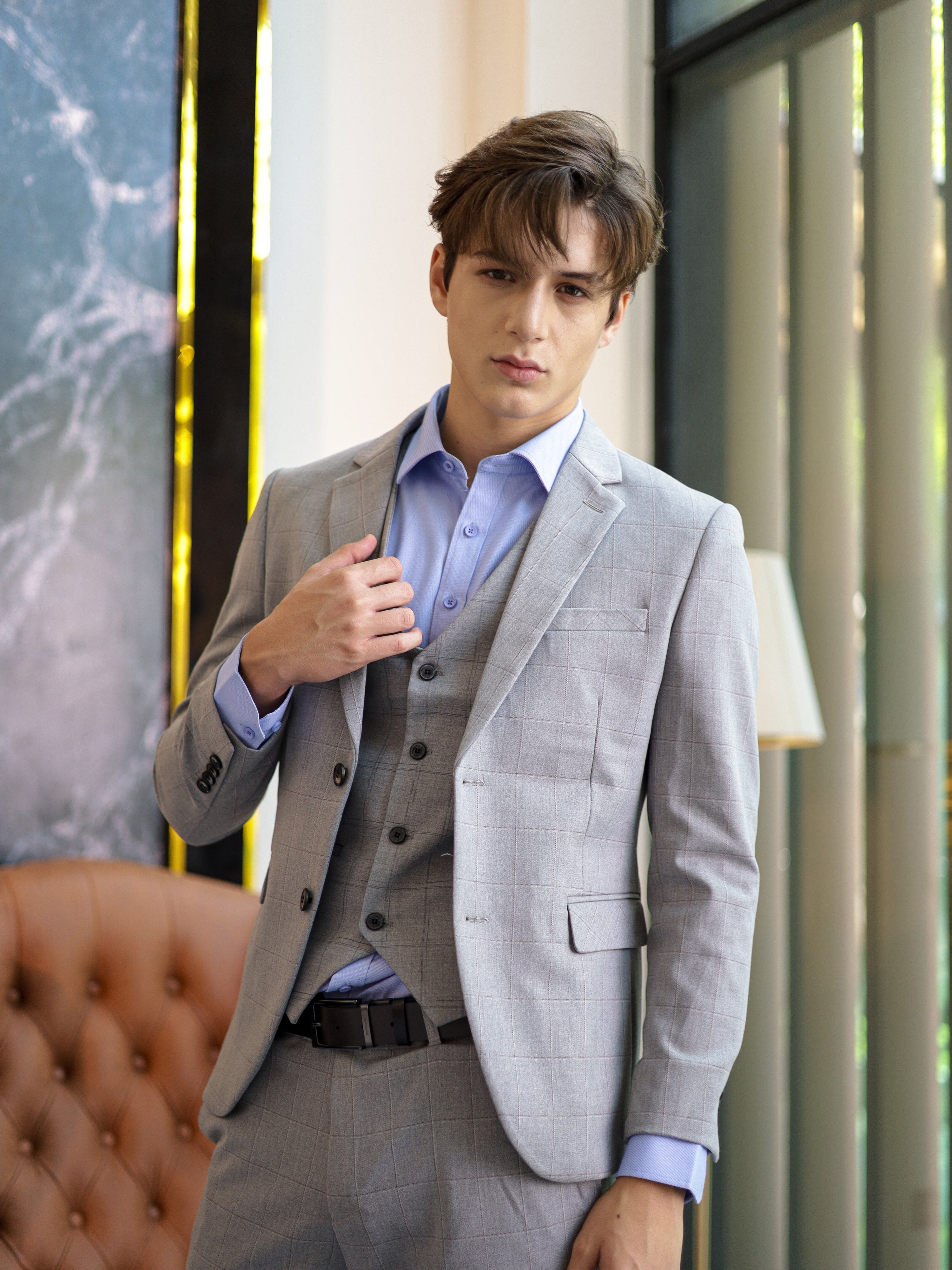WindowPane Slim Fit Formal Suit in Light Grey