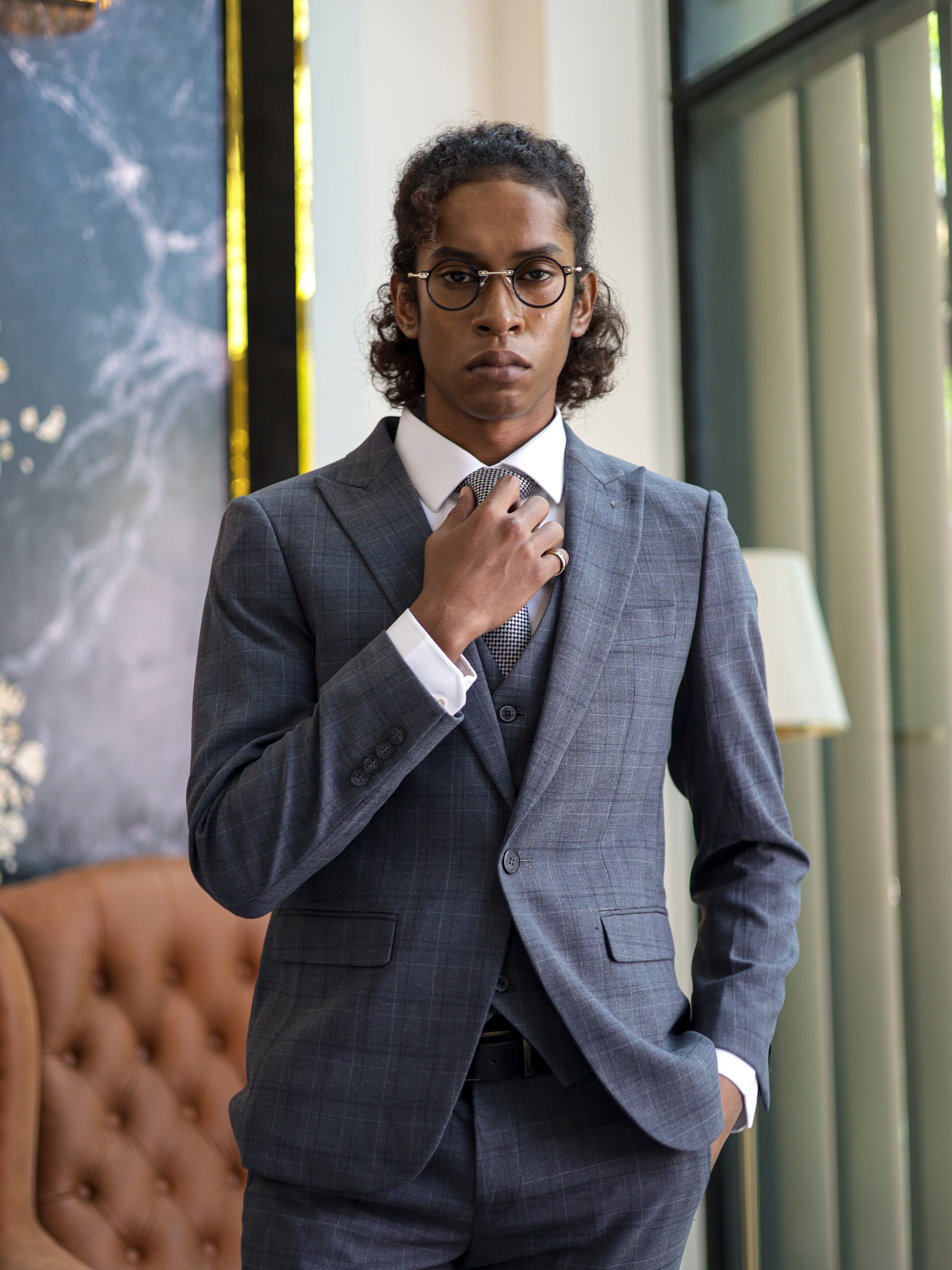 Windowpane Skinny Fit Single Button Formal Suit in Grey