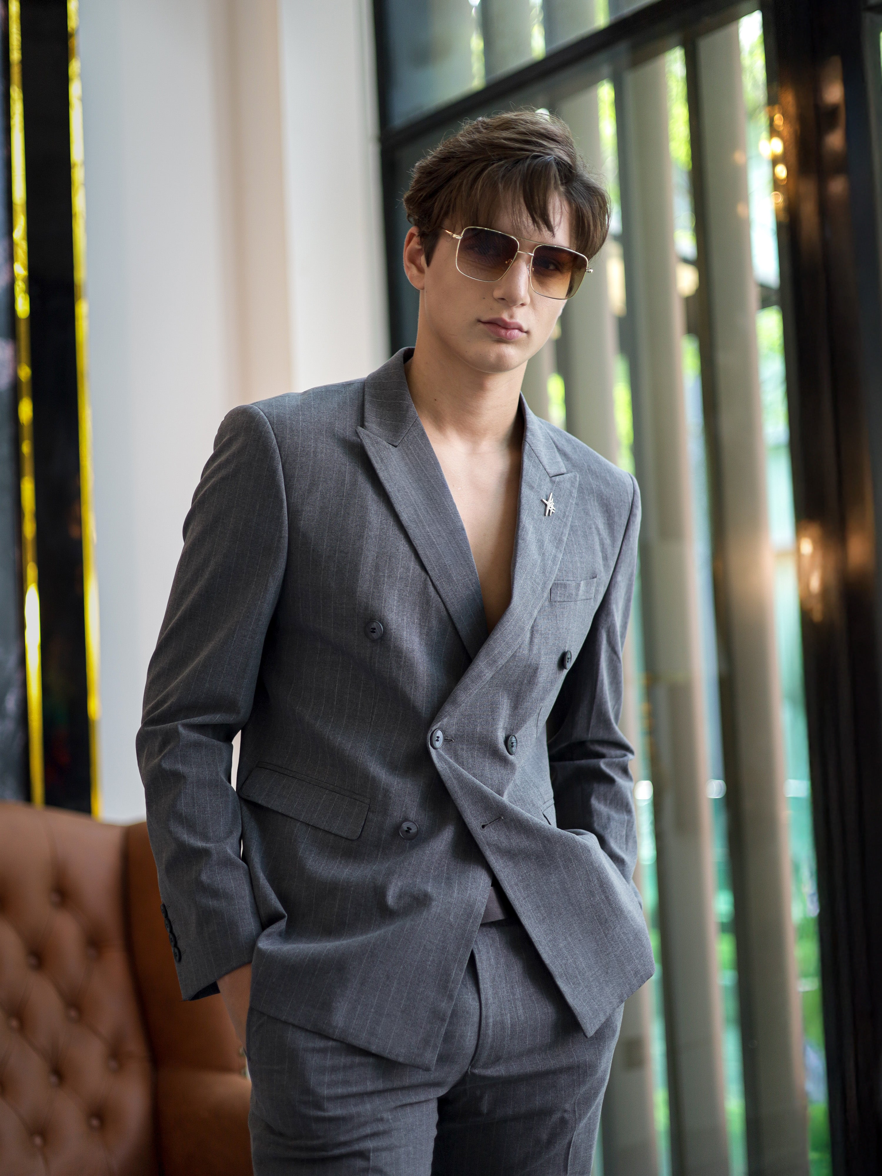 Double-Breasted Pinstripe Skinny Formal Suit in Grey