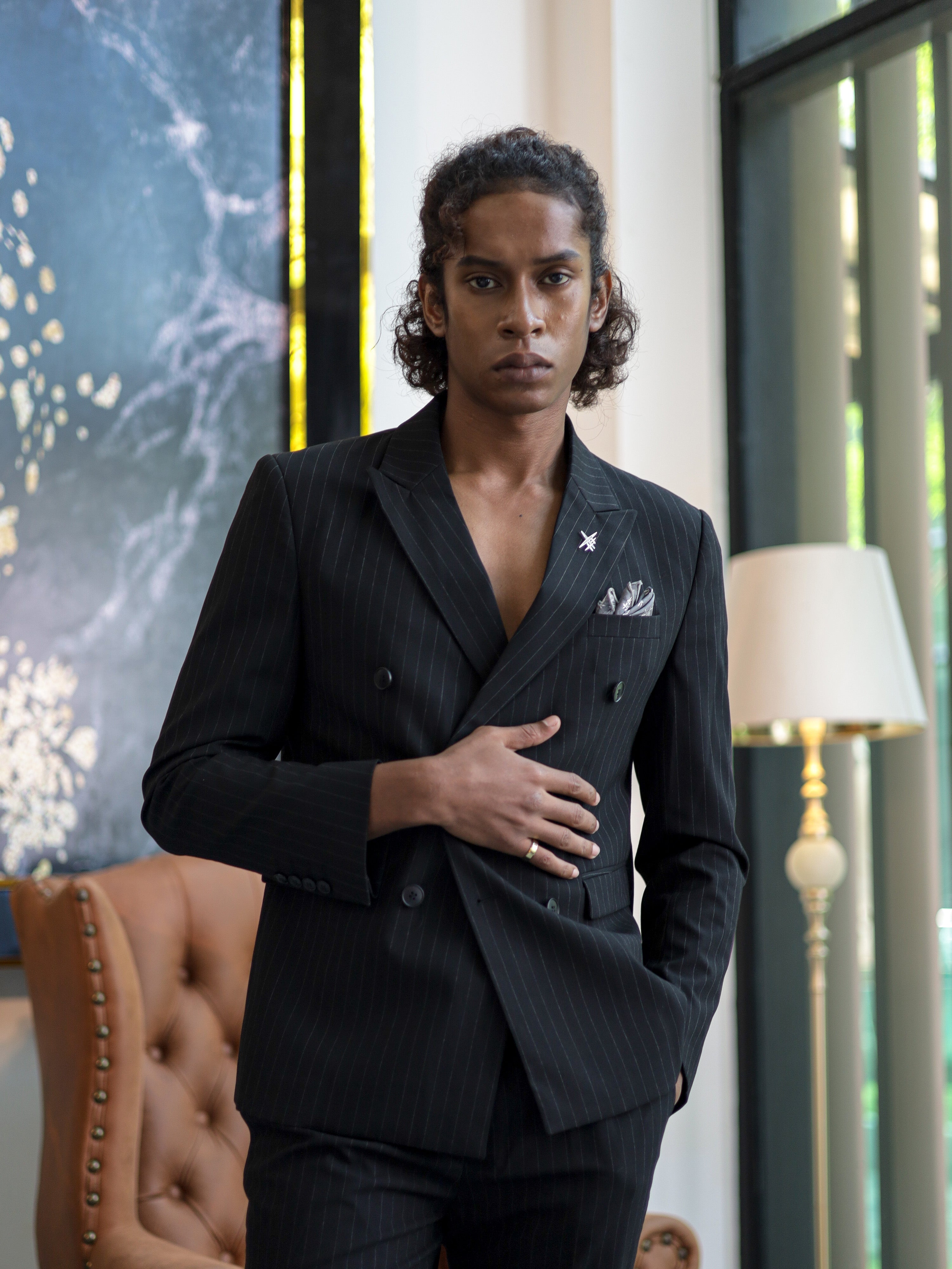 Double-Breasted Pinstripe Skinny Formal Suit in Black