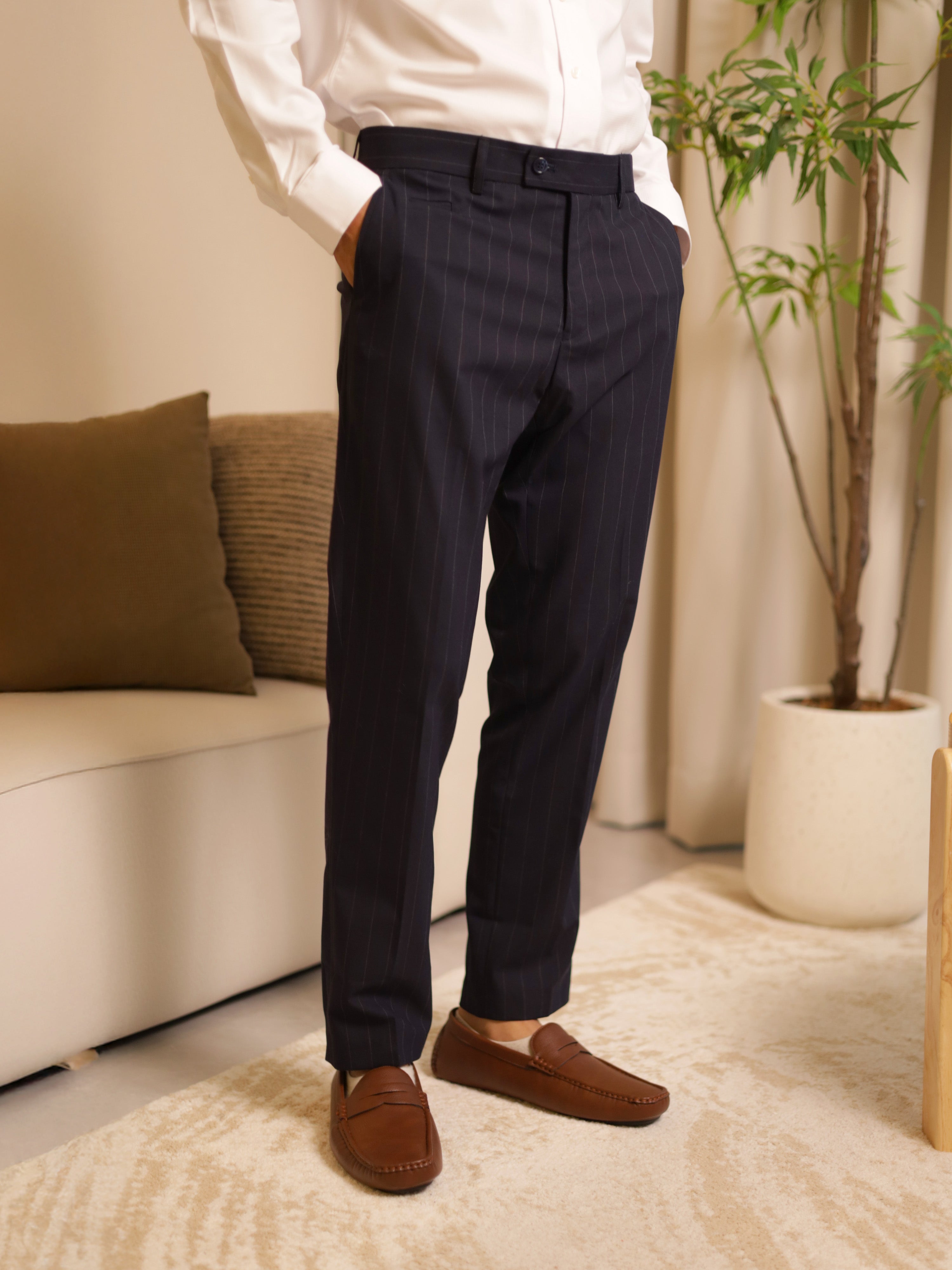 Neapolitan Pinstripe Formal Trousers in Dark Blue