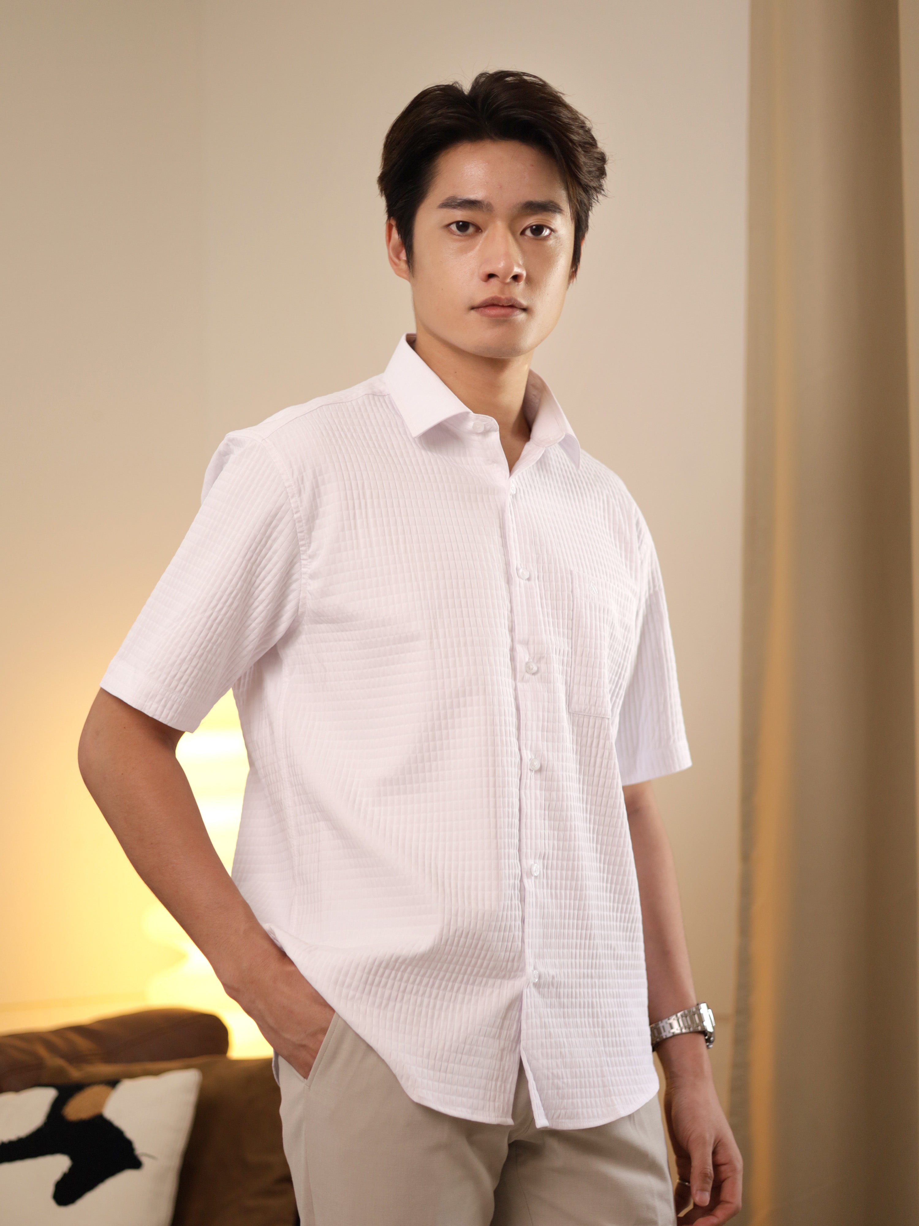 Matelassé-style White Casual Shirt