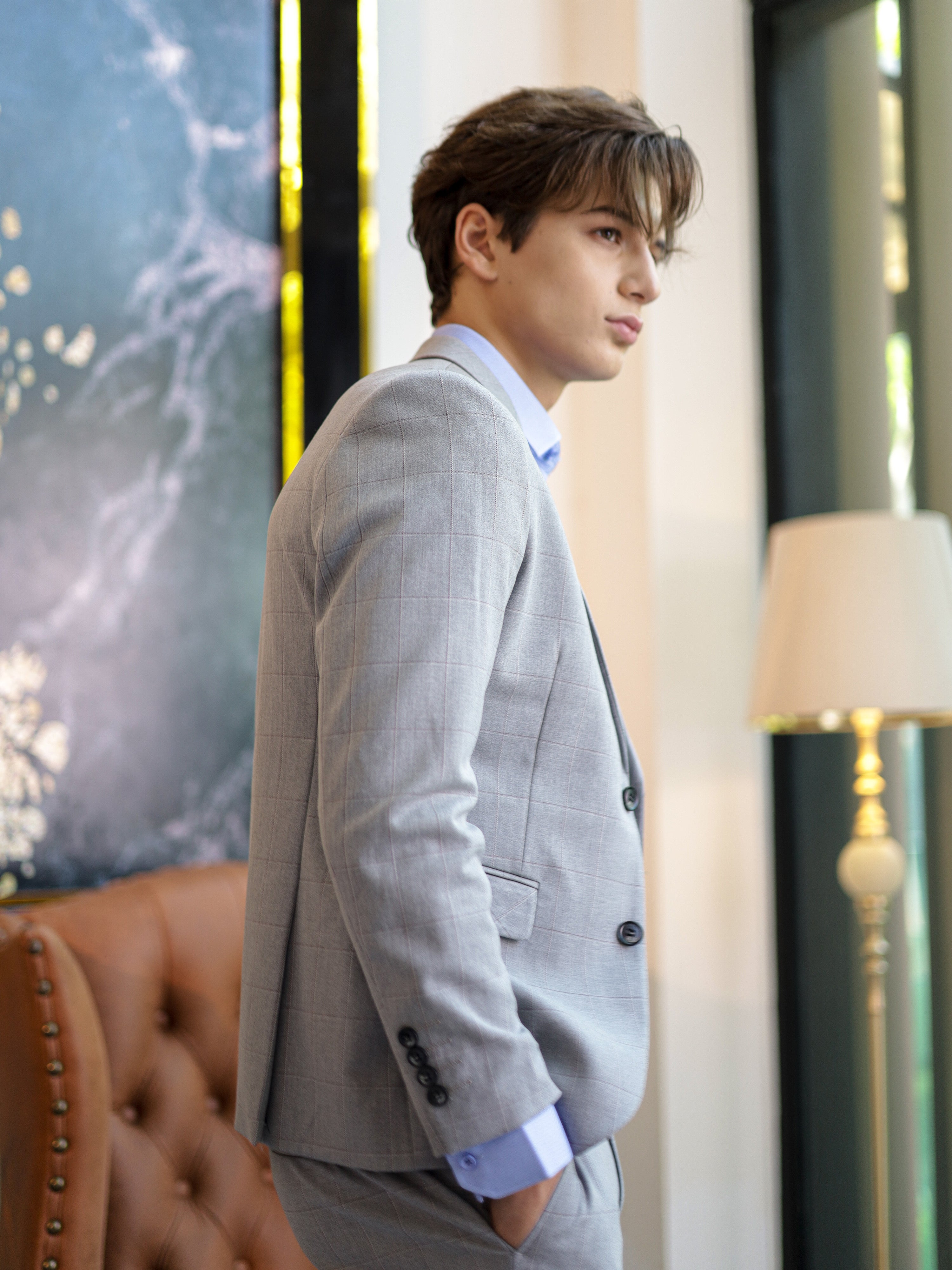 WindowPane Slim Fit Formal Suit in Light Grey