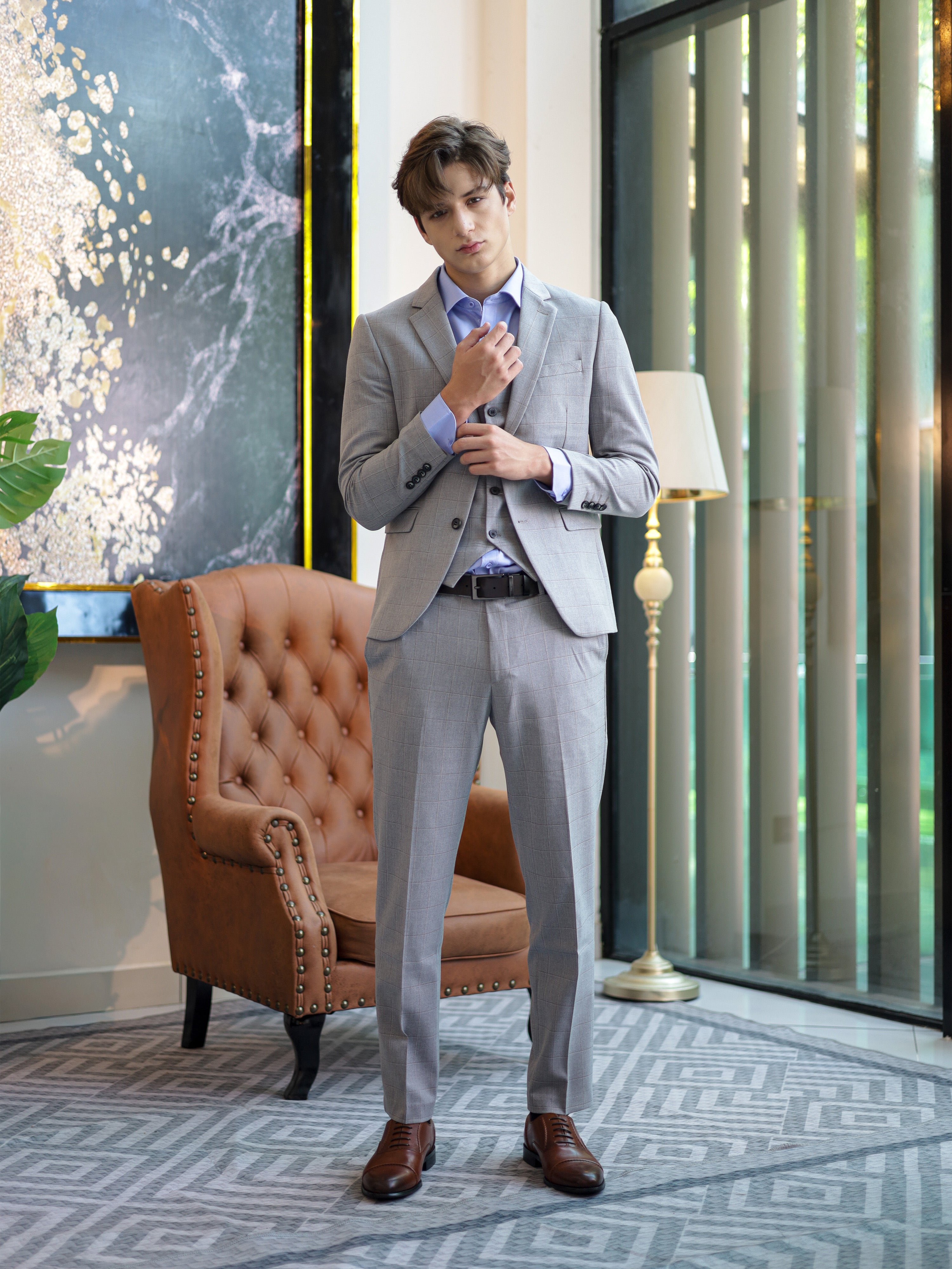 WindowPane Slim Fit Formal Suit in Light Grey