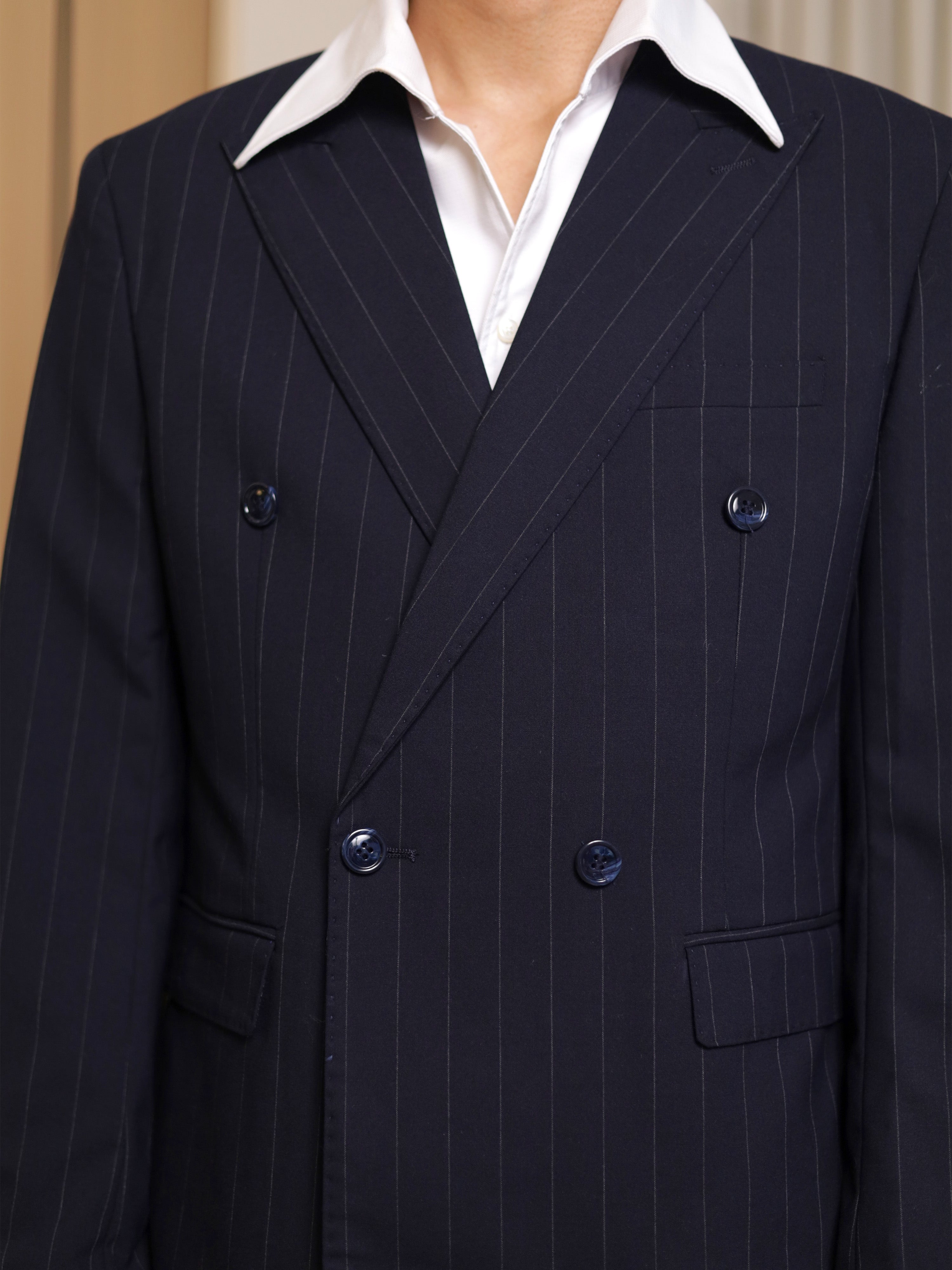 Neapolitan Pinstripe Minimal Double Breasted Suit in Dark Blue