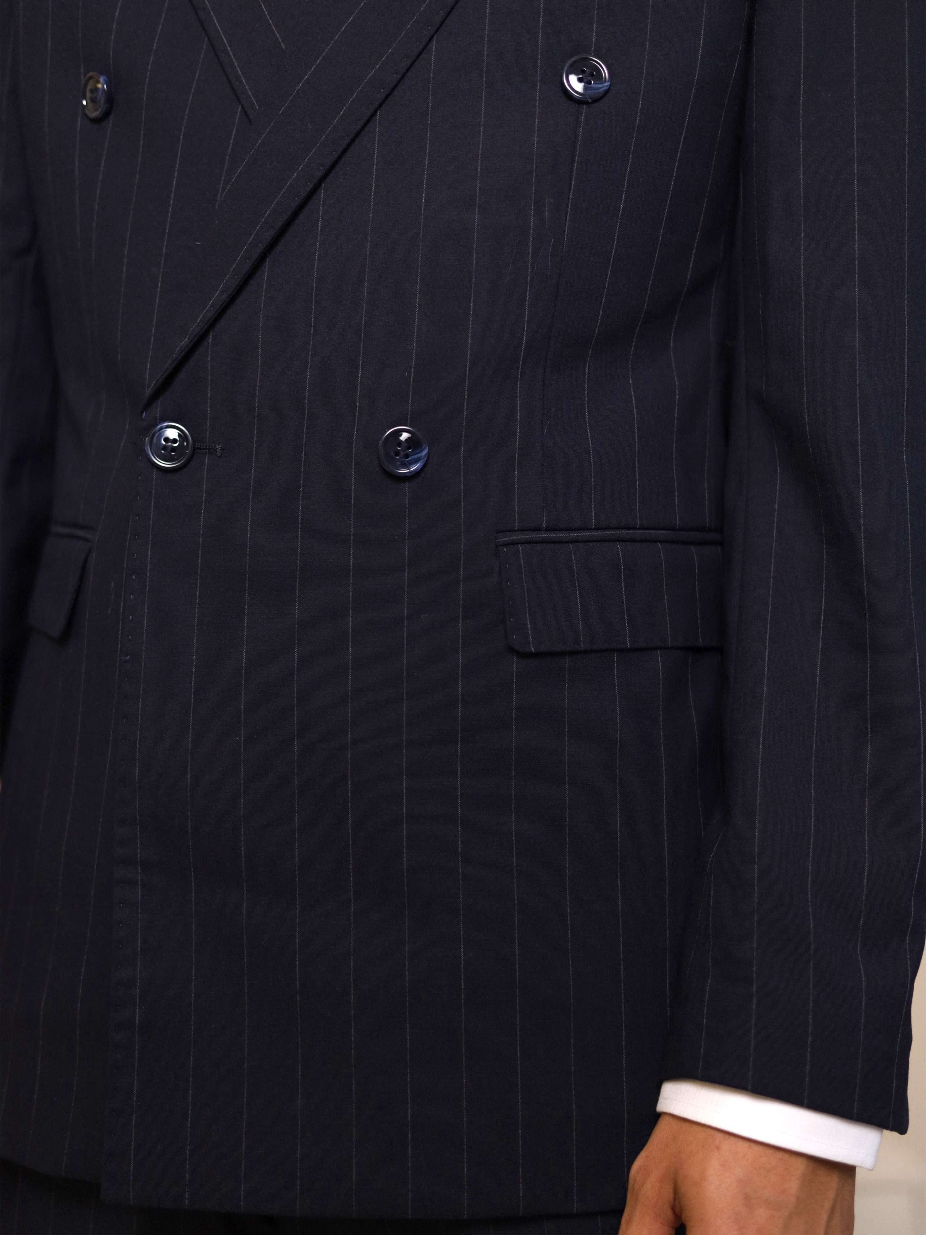 Neapolitan Pinstripe Minimal Double Breasted Suit in Dark Blue