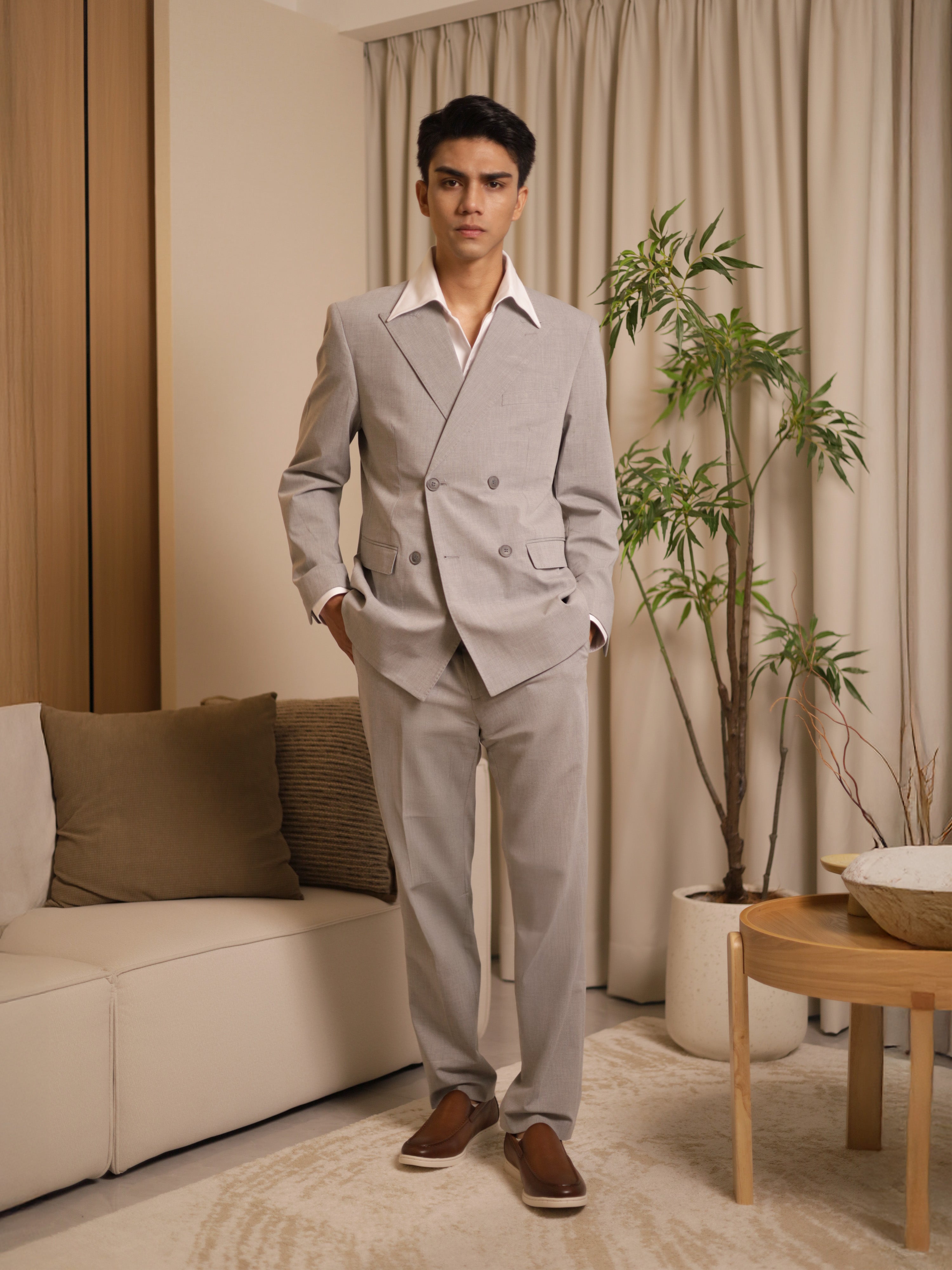 Neapolitan Double Breasted Suit in Light Grey