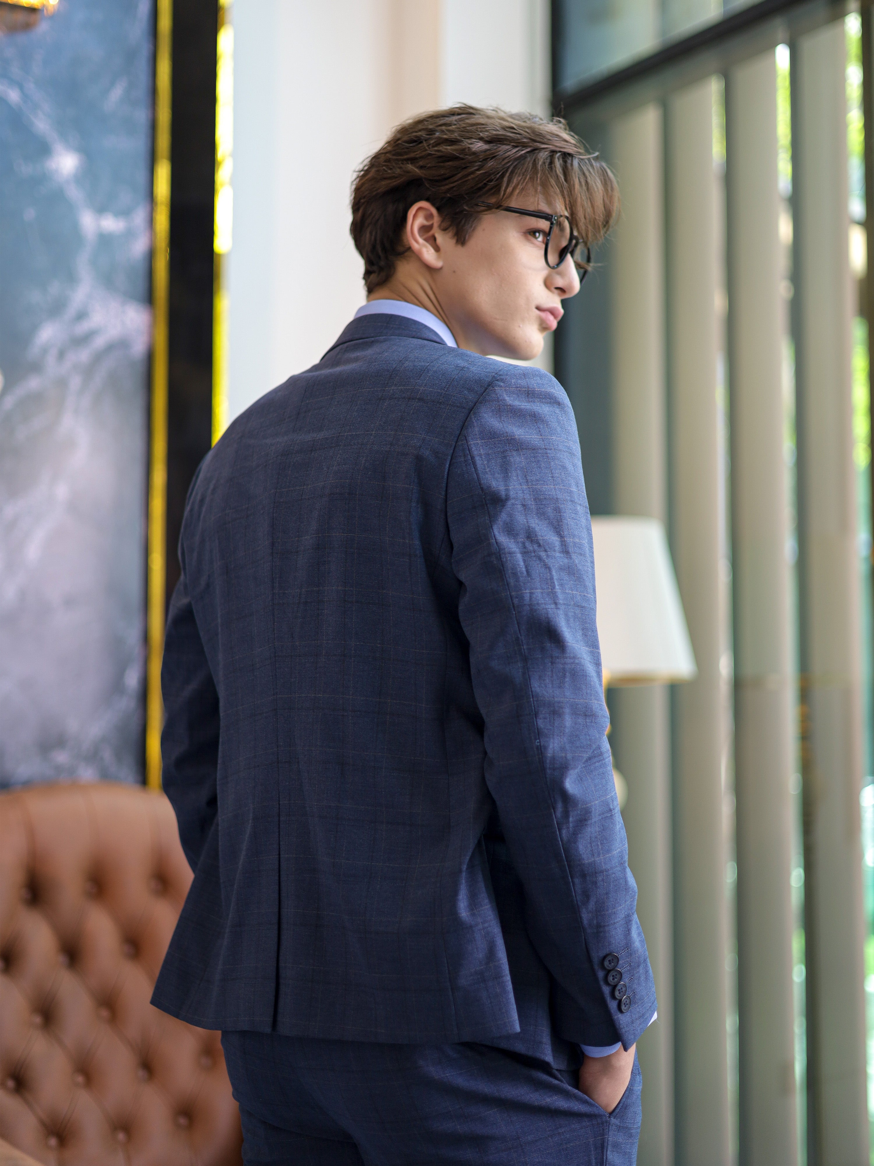 Windowpane Skinny Fit Single Button Formal Suit in Blue