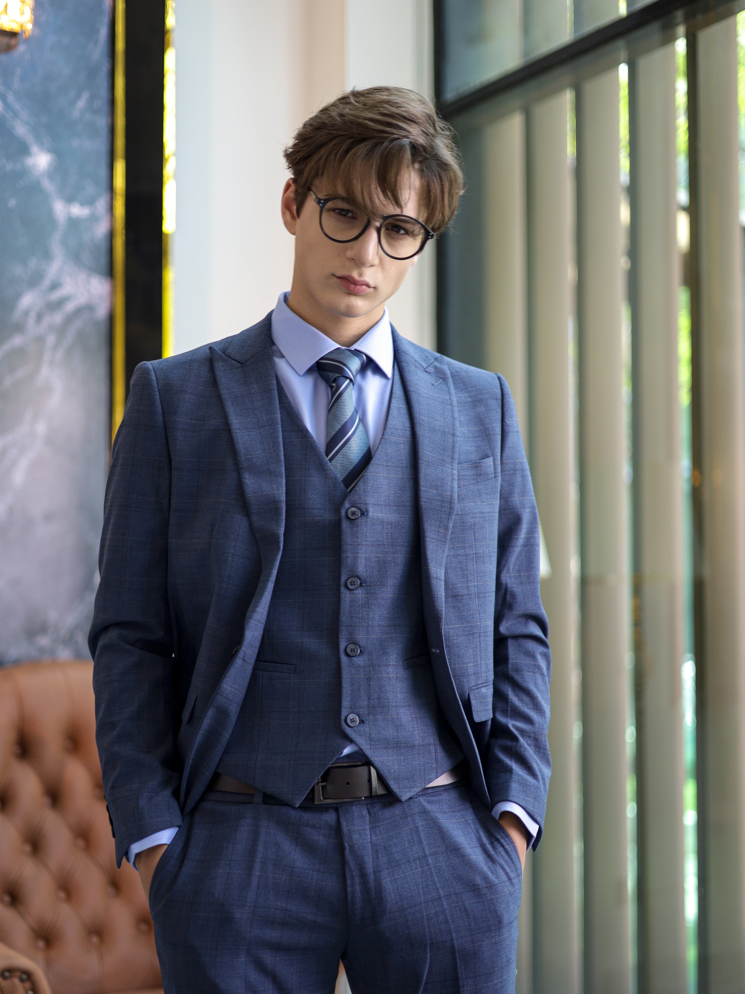 Windowpane Skinny Fit Single Button Formal Suit in Blue