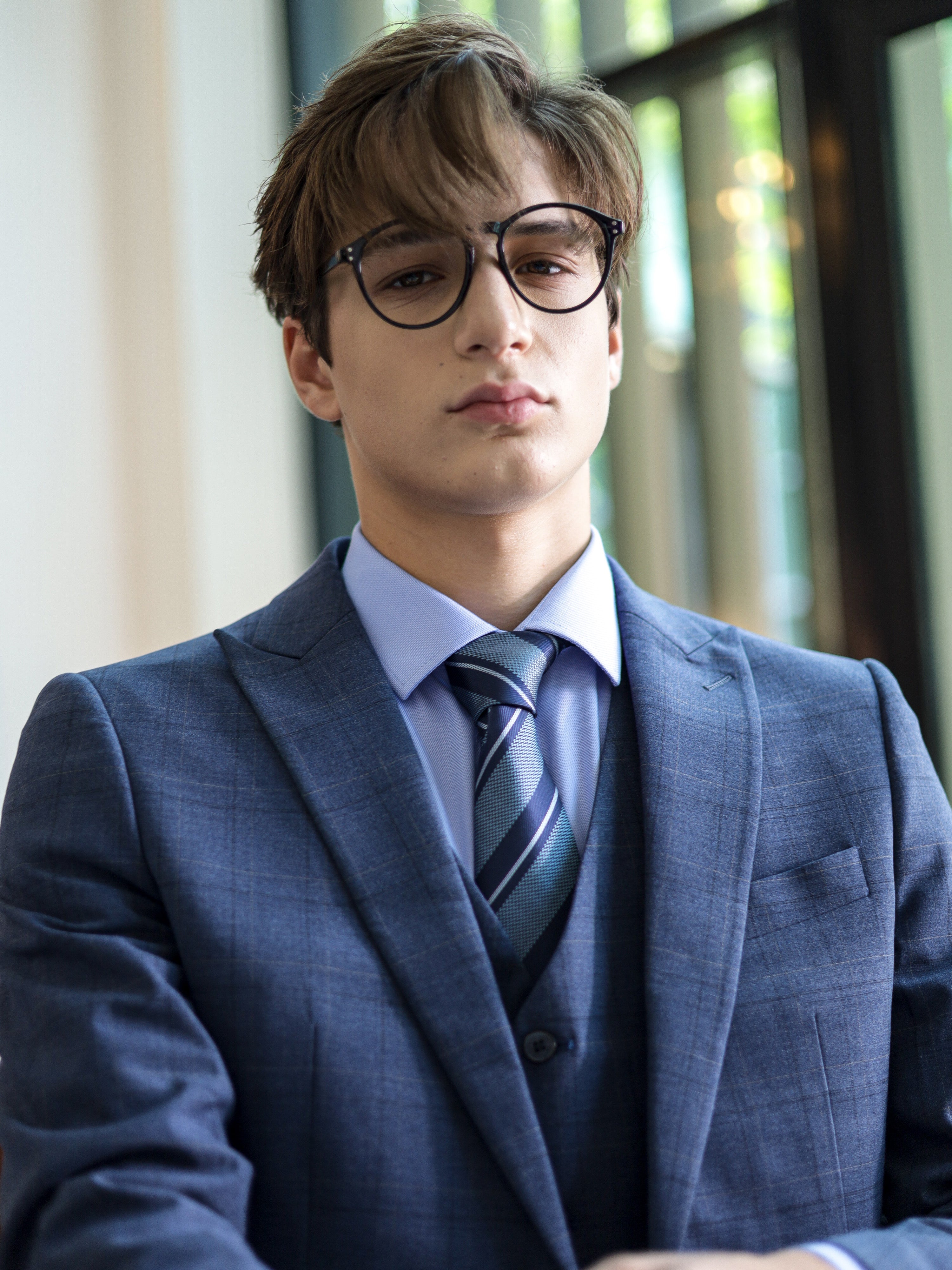 Windowpane Skinny Fit Single Button Formal Suit in Blue