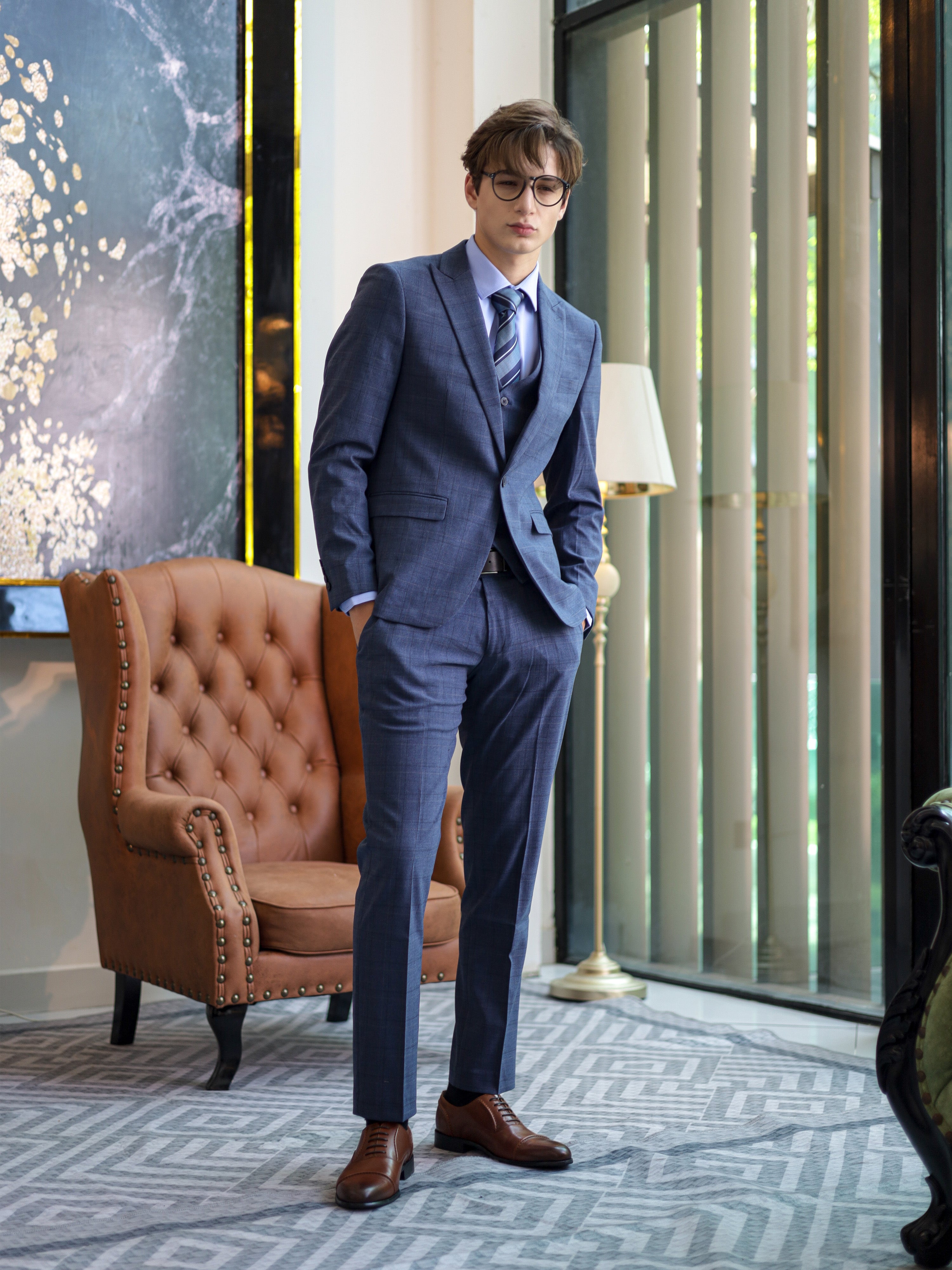 Windowpane Skinny Fit Single Button Formal Suit in Blue