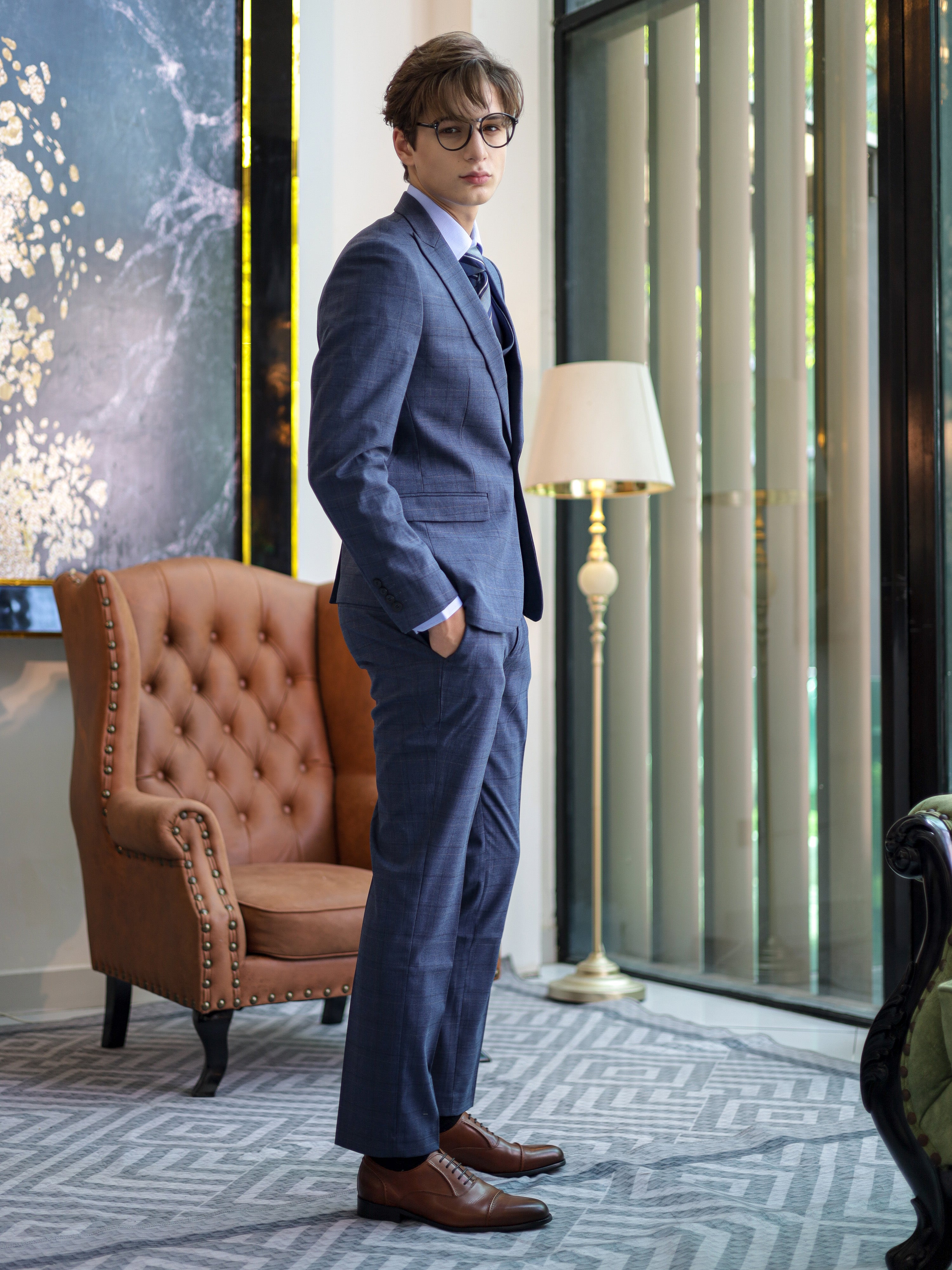 Windowpane Skinny Fit Single Button Formal Suit in Blue