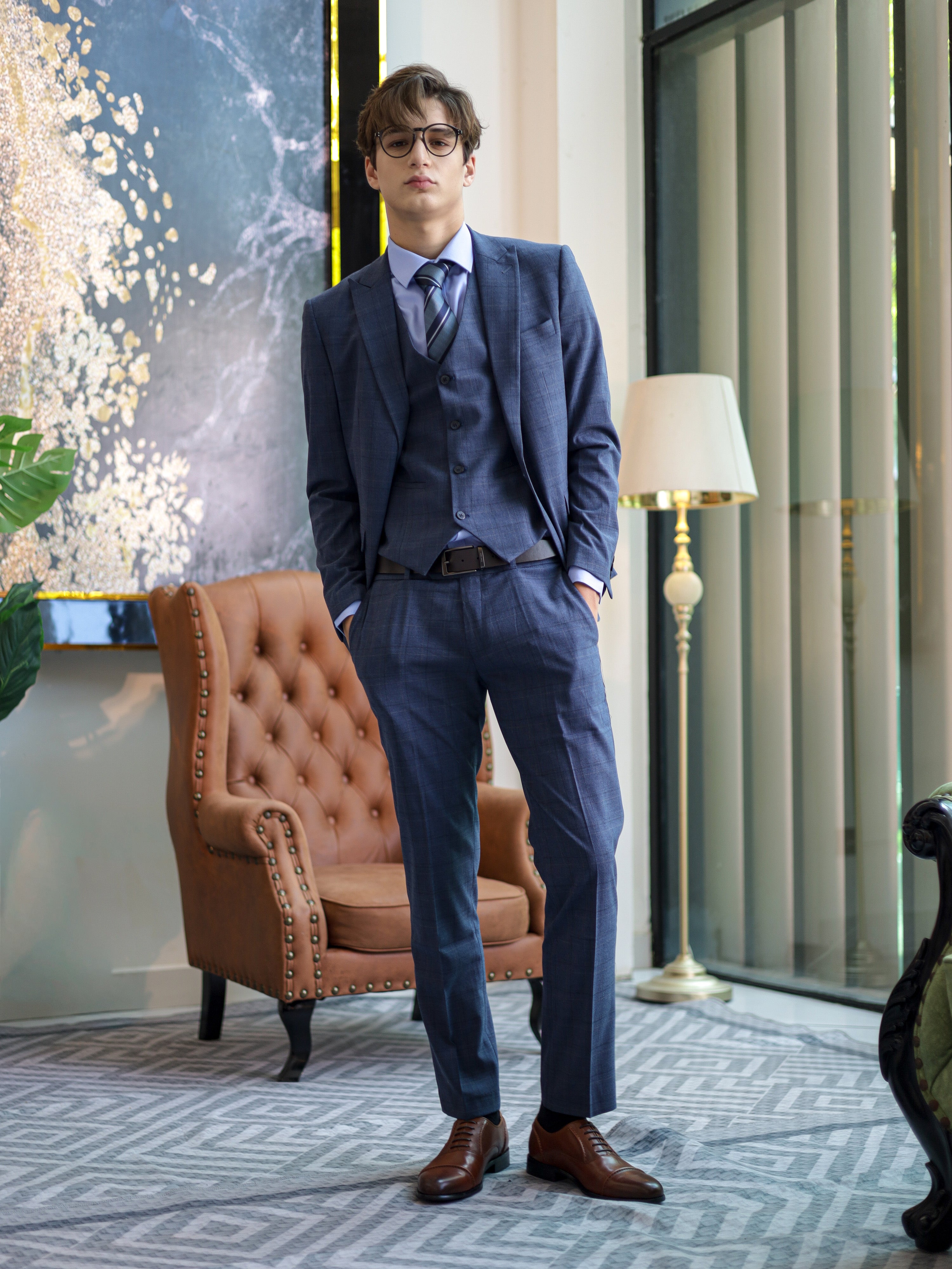 Windowpane Skinny Fit Single Button Formal Suit in Blue