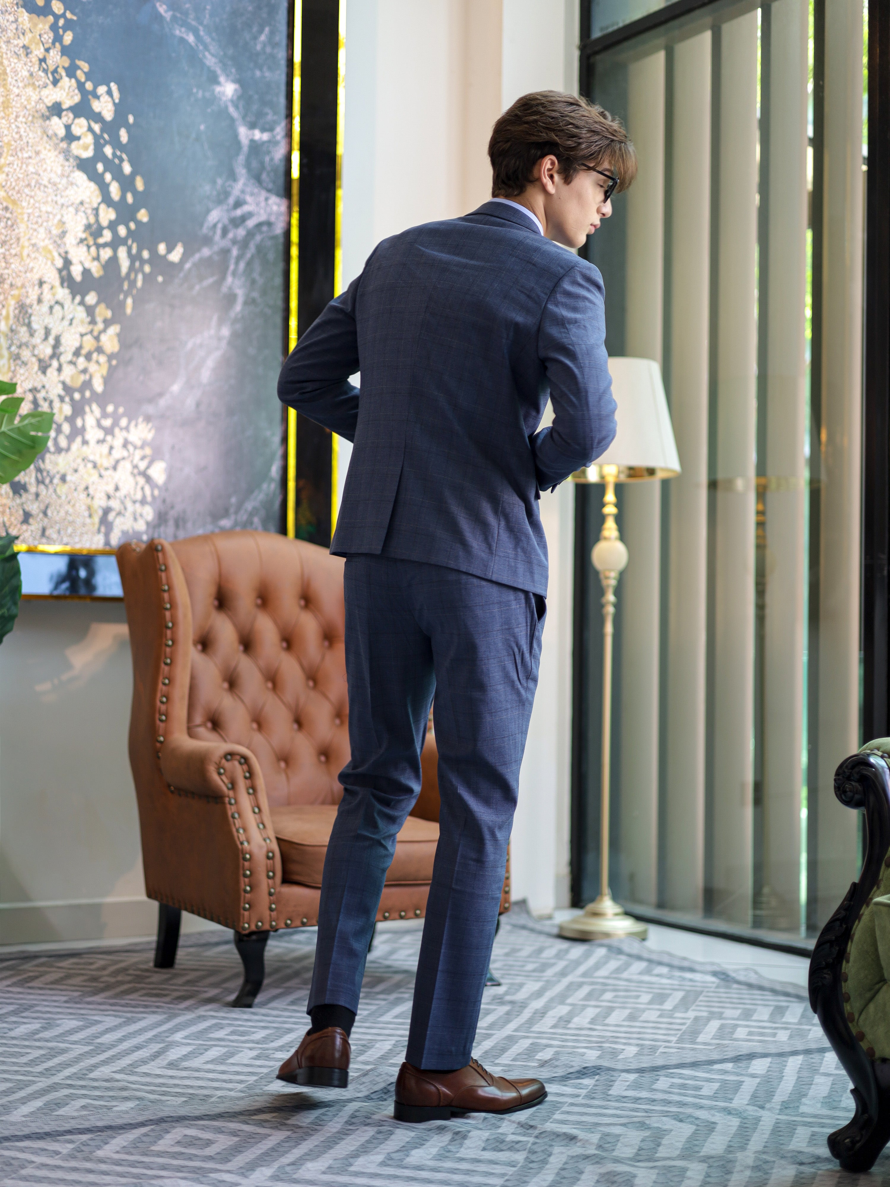 Windowpane Skinny Fit Single Button Formal Suit in Blue