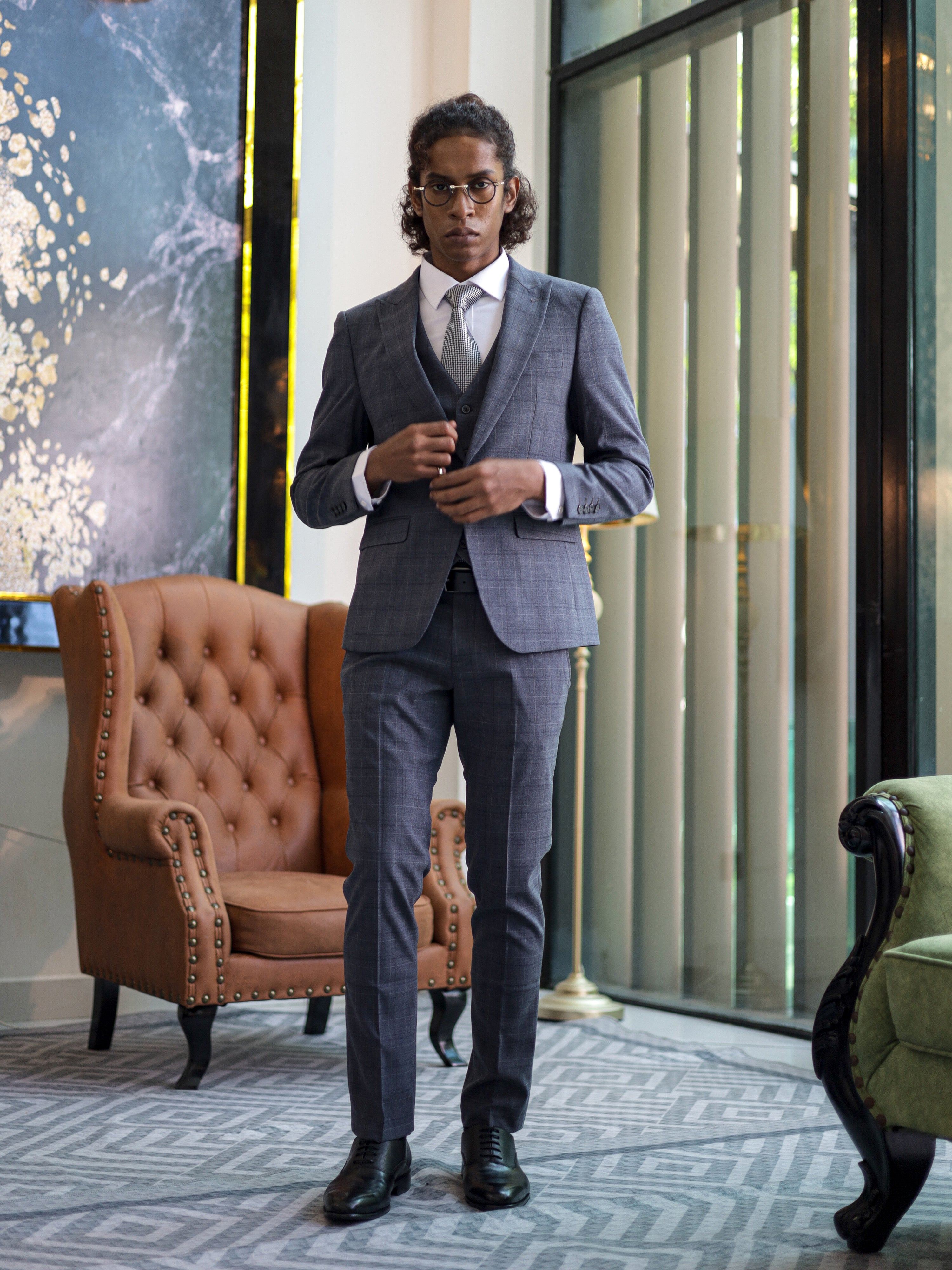 Windowpane Skinny Fit Single Button Formal Suit in Grey