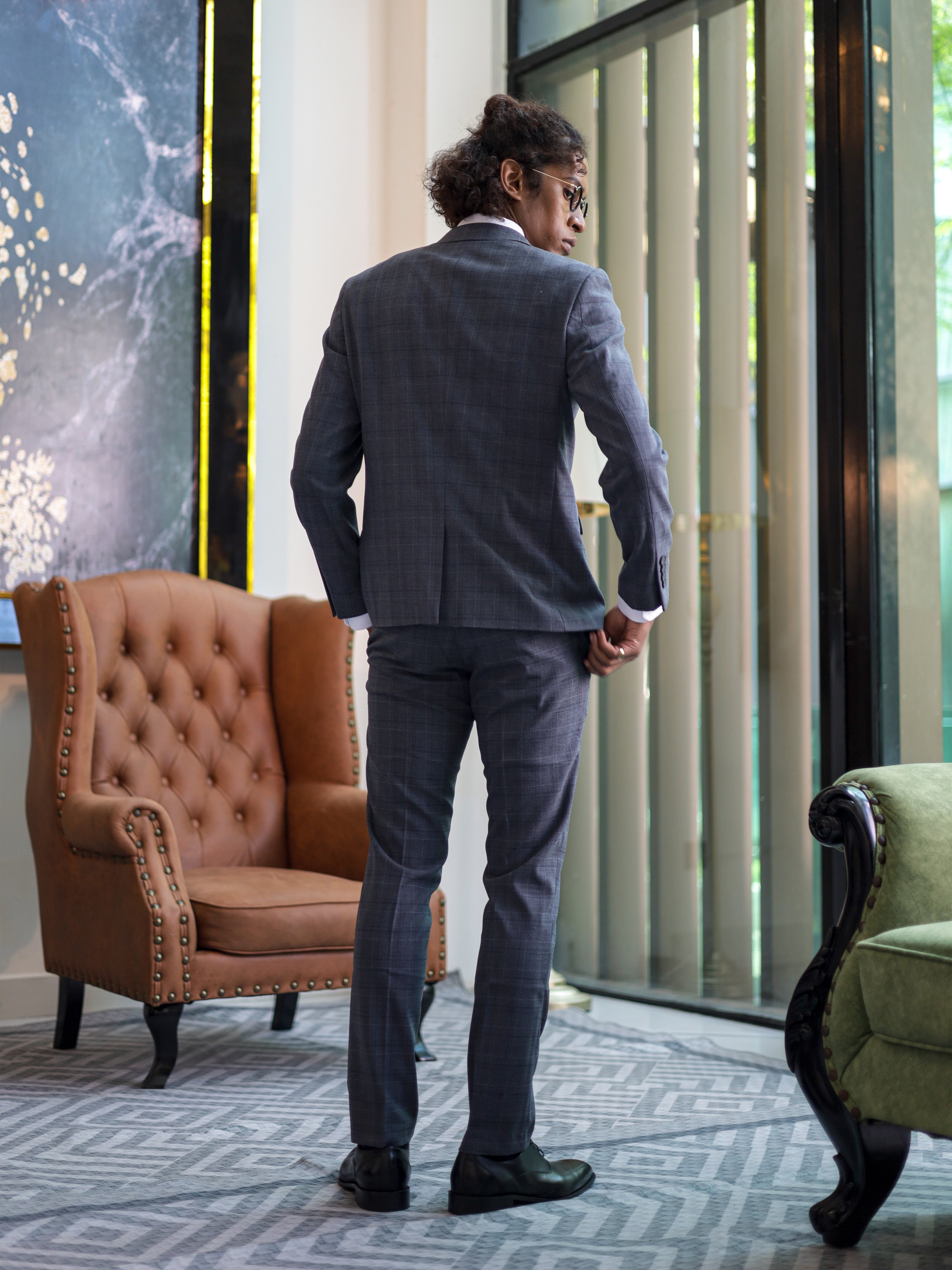 Windowpane Skinny Fit Single Button Formal Suit in Grey