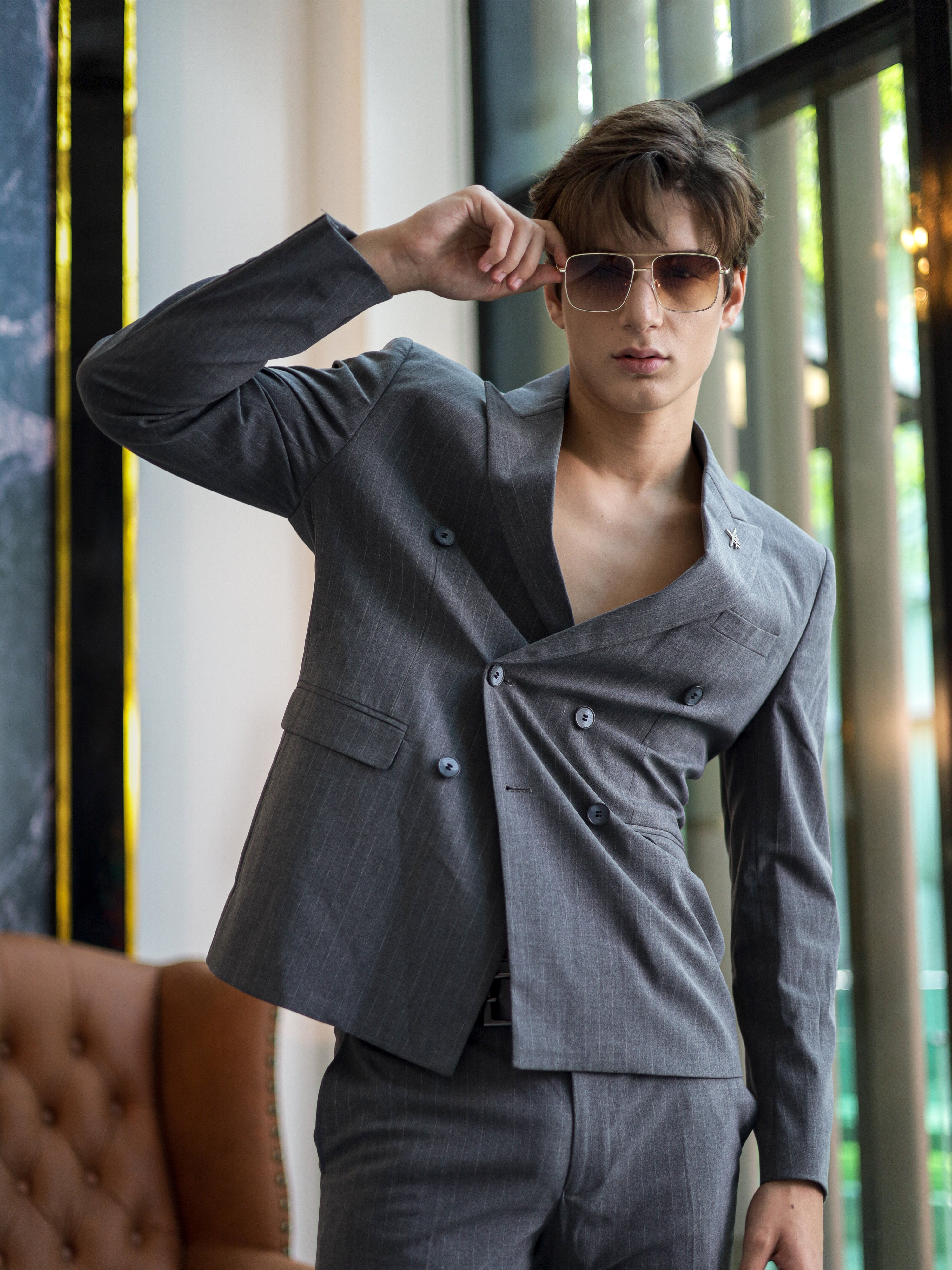 Double-Breasted Pinstripe Skinny Formal Suit in Grey