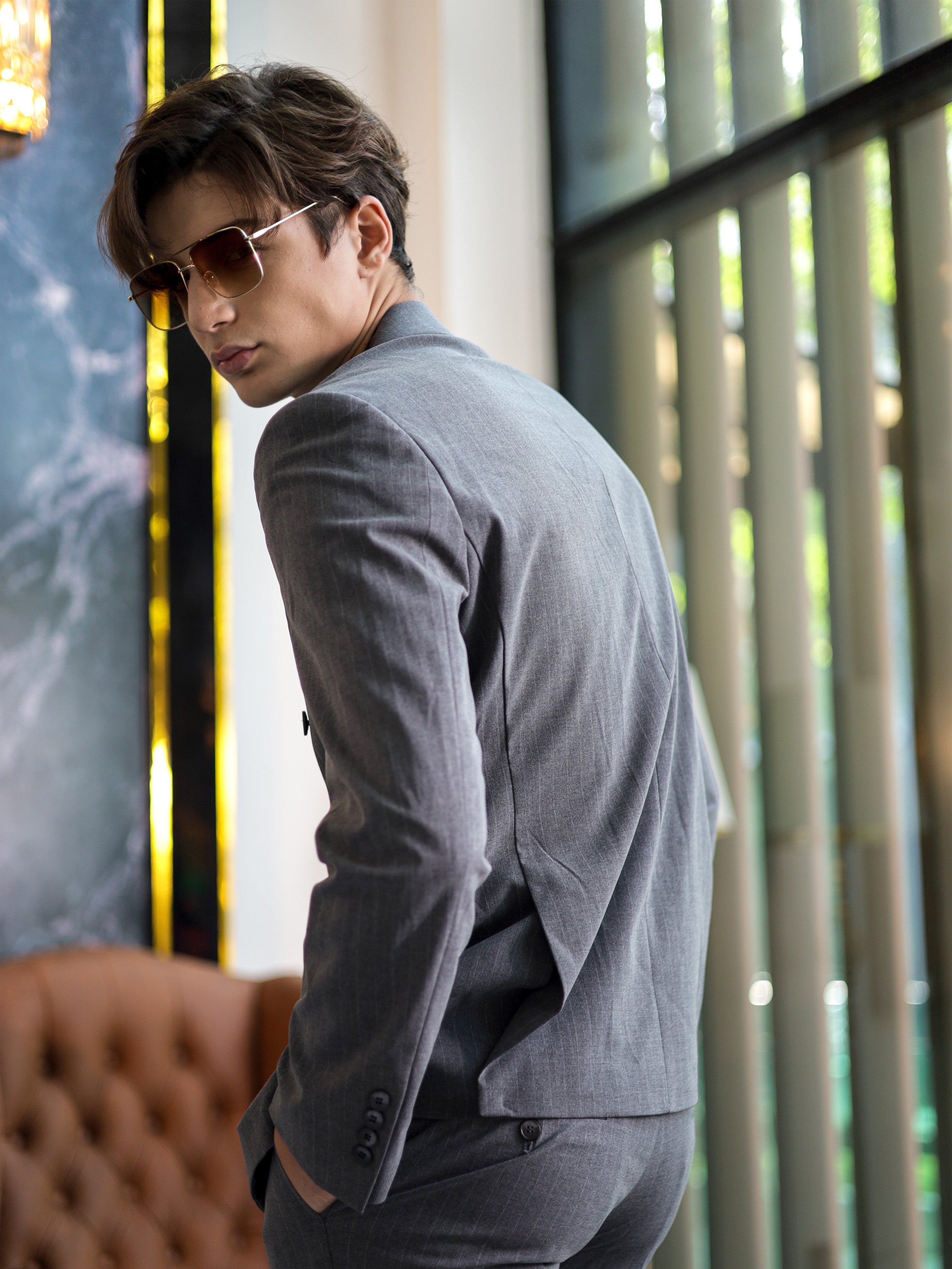 Double-Breasted Pinstripe Skinny Formal Suit in Grey