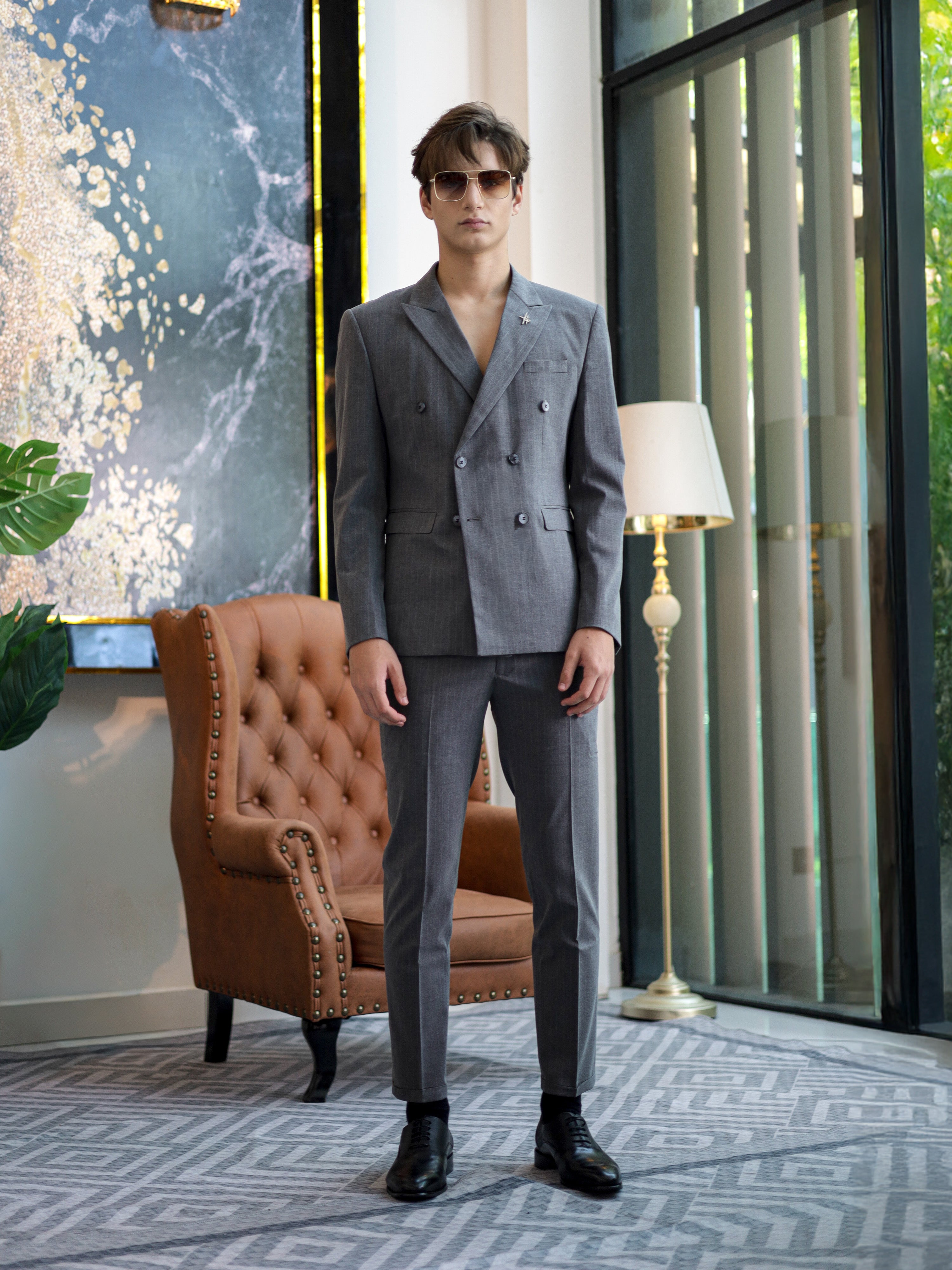 Double-Breasted Pinstripe Skinny Formal Suit in Grey