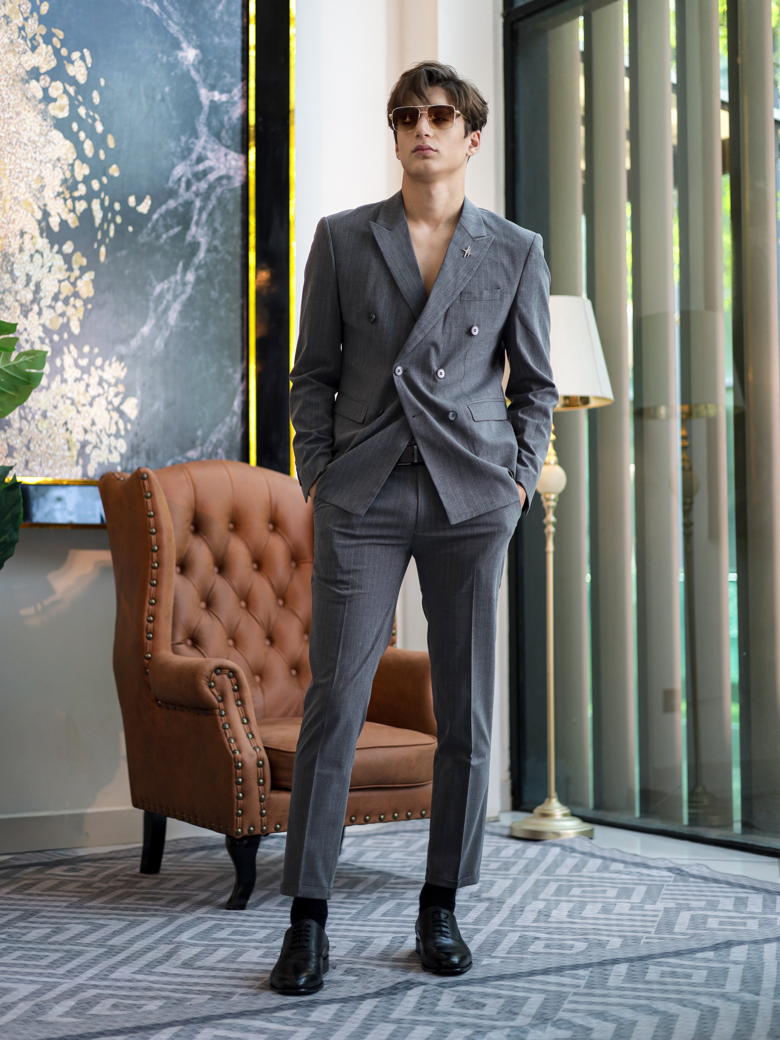 Double-Breasted Pinstripe Skinny Formal Suit in Grey