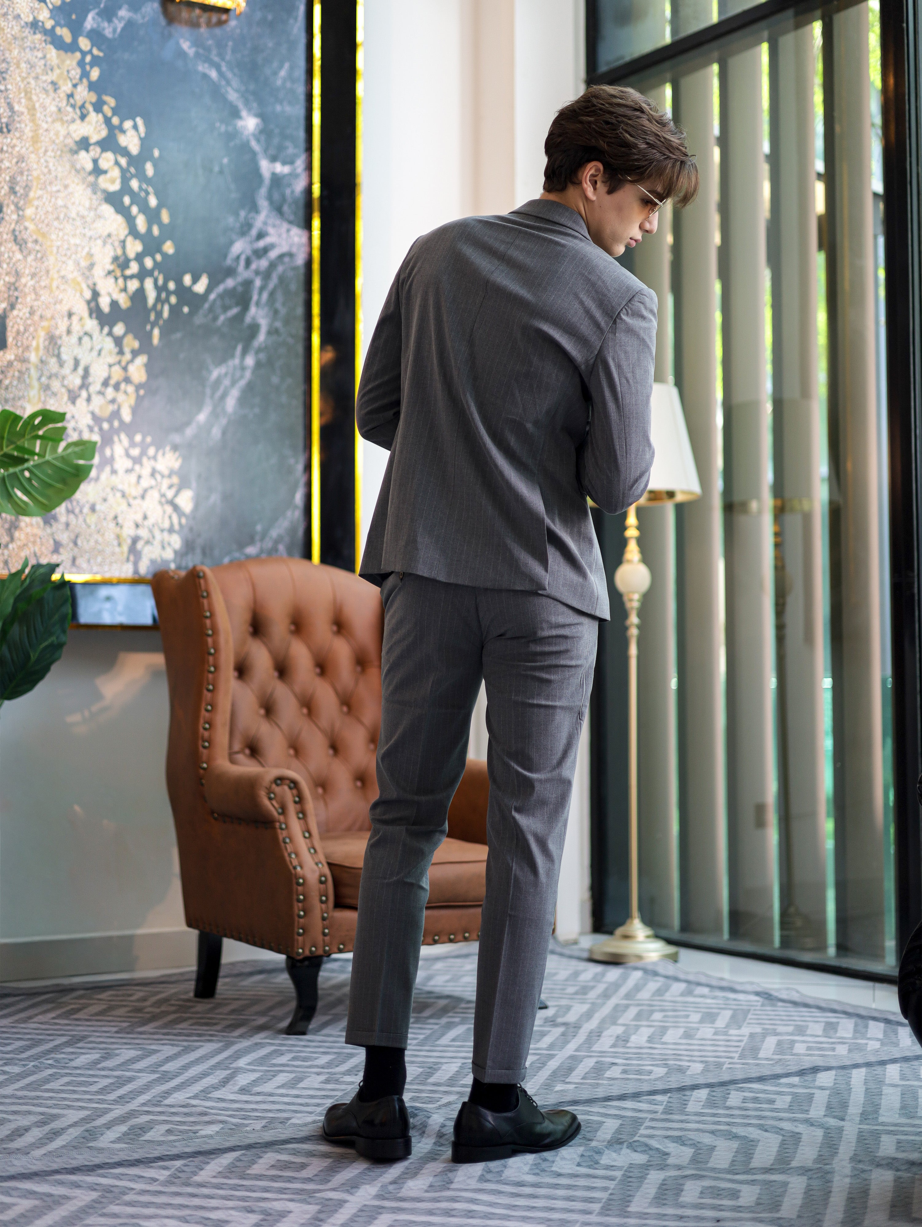 Double-Breasted Pinstripe Skinny Formal Suit in Grey