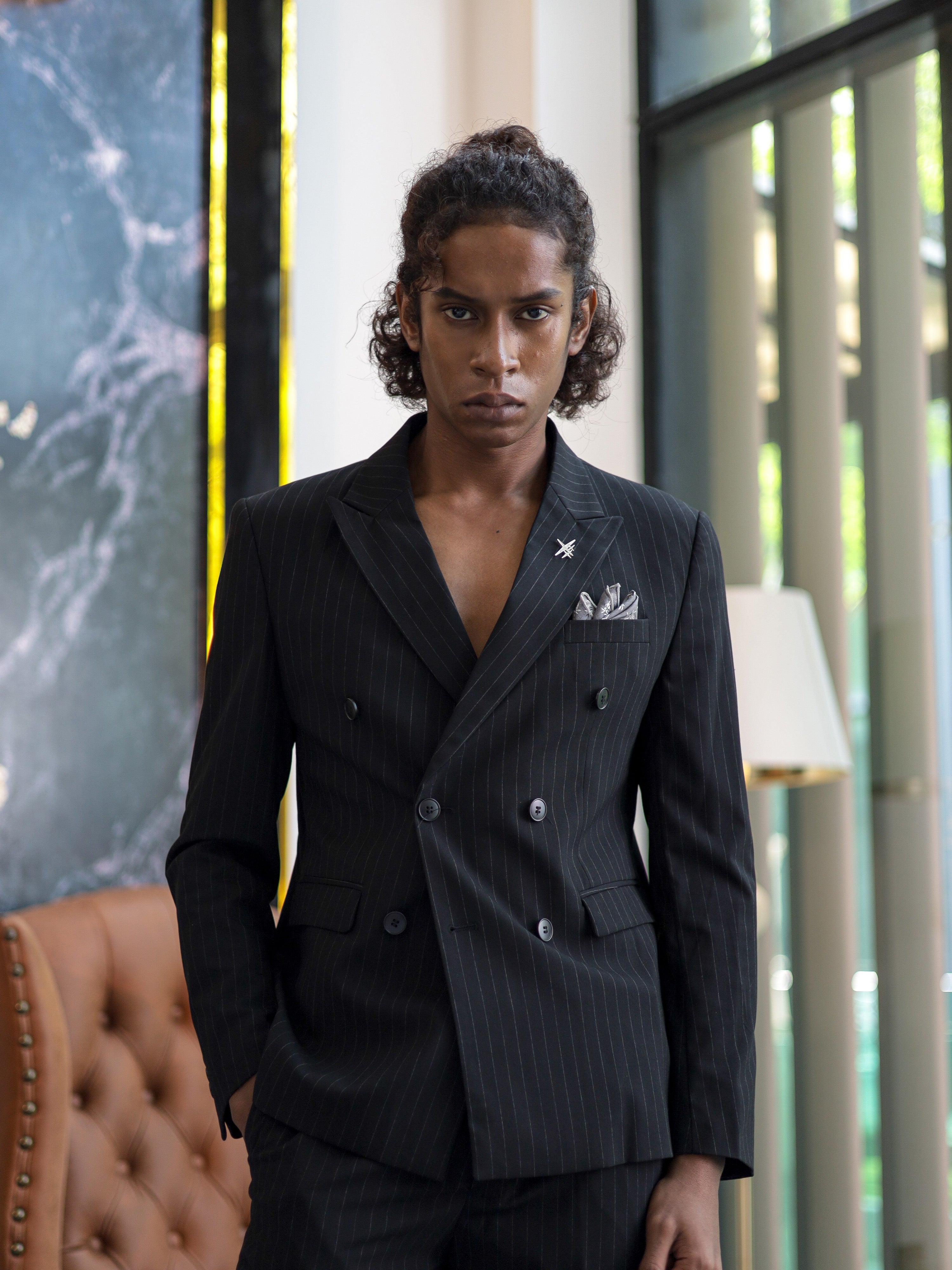 Double-Breasted Pinstripe Skinny Formal Suit in Black