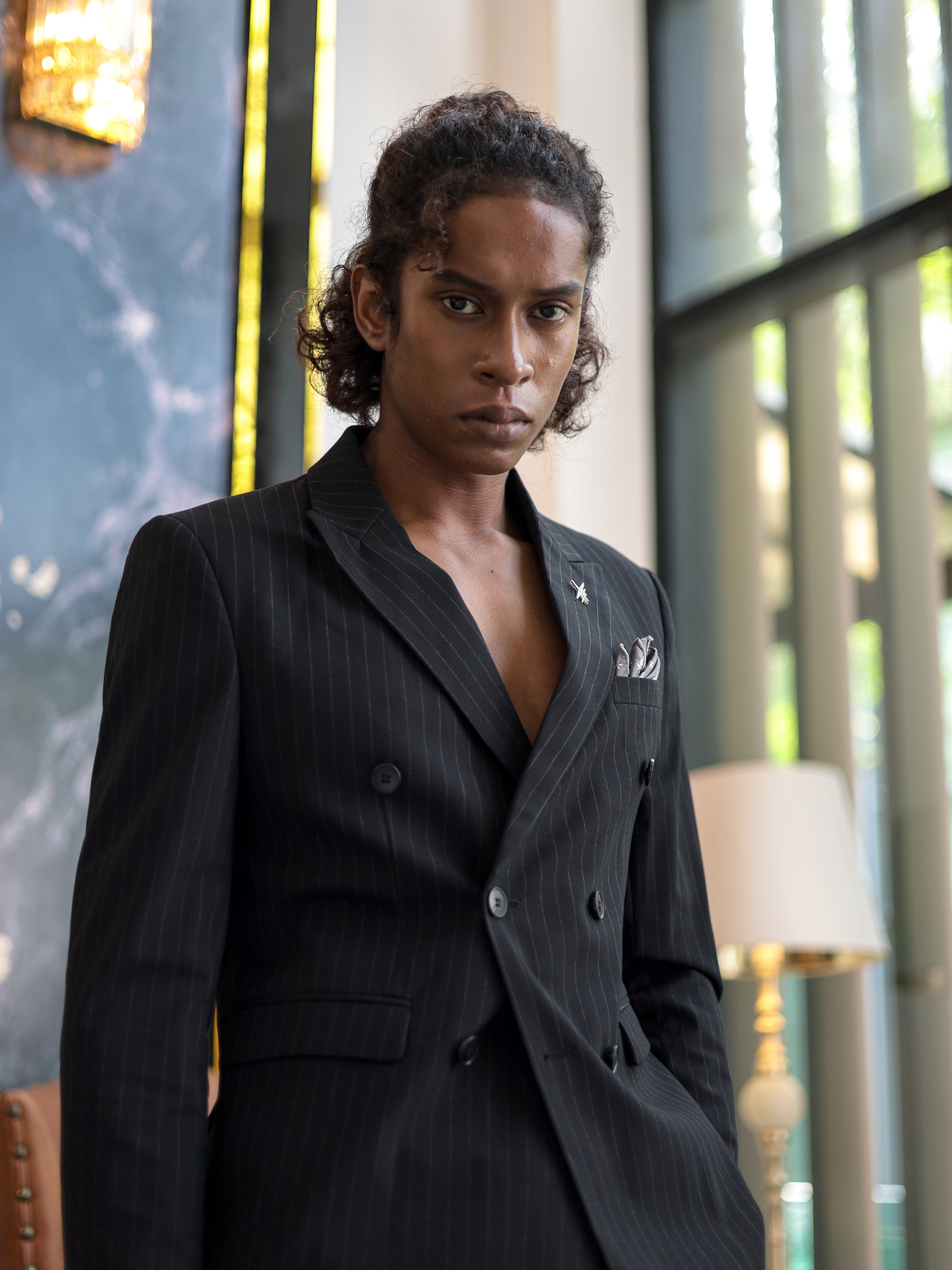 Double-Breasted Pinstripe Skinny Formal Suit in Black