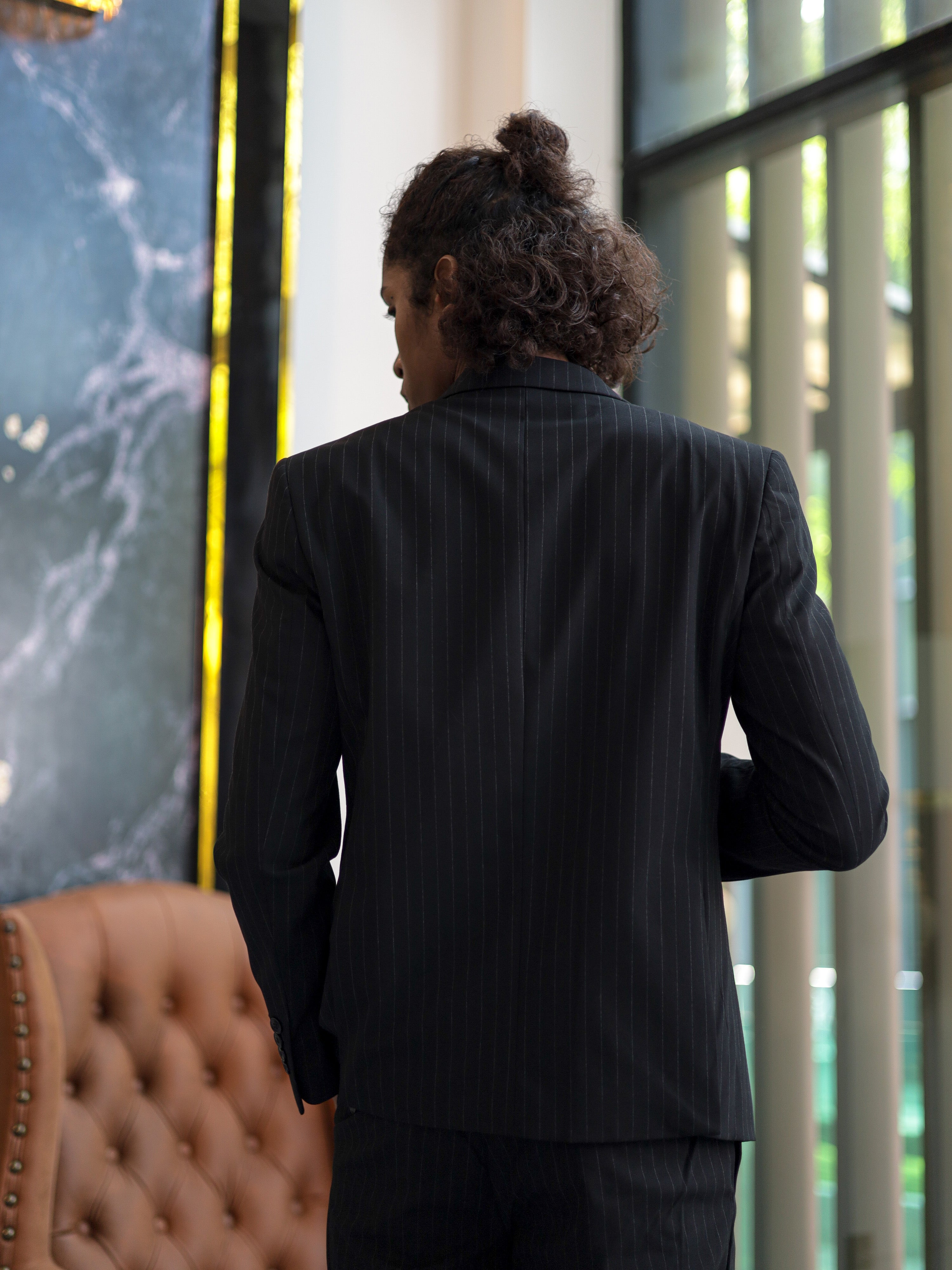 Double-Breasted Pinstripe Skinny Formal Suit in Black