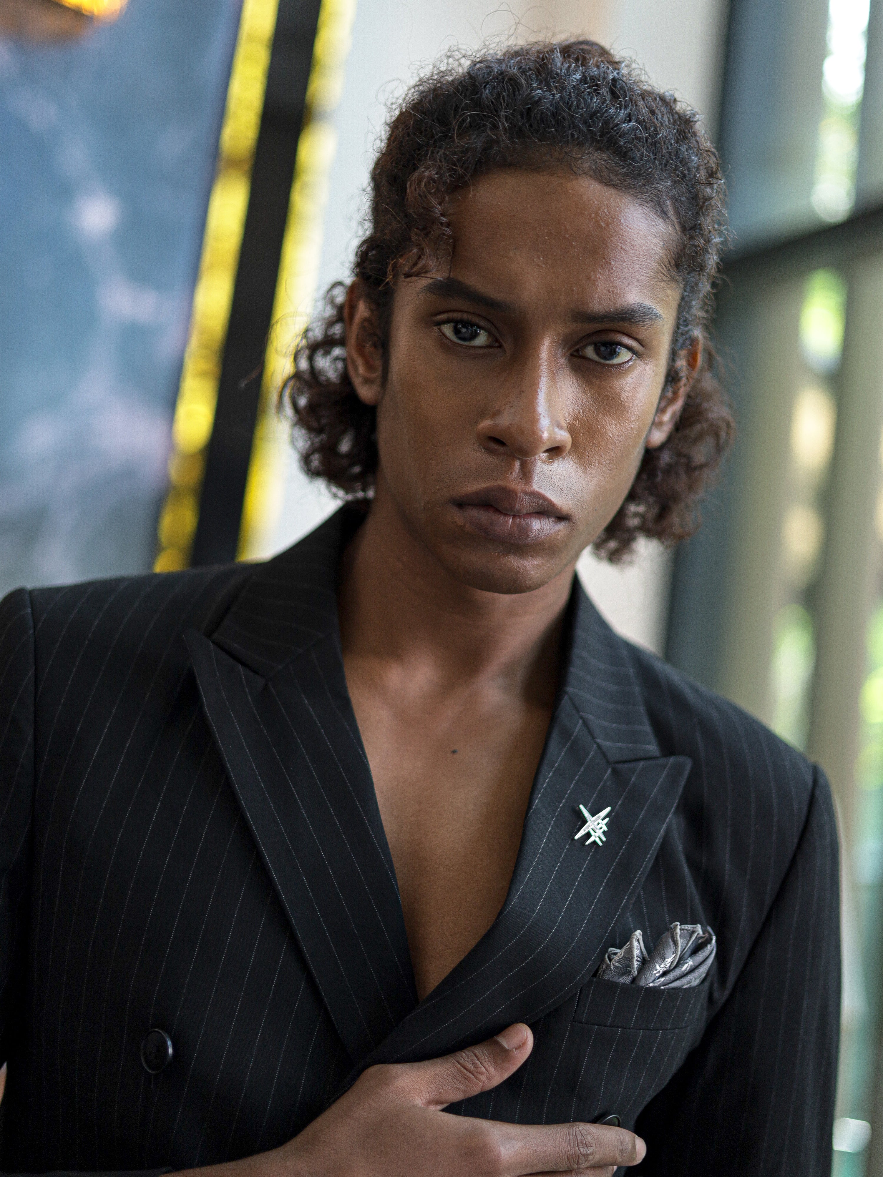 Double-Breasted Pinstripe Skinny Formal Suit in Black