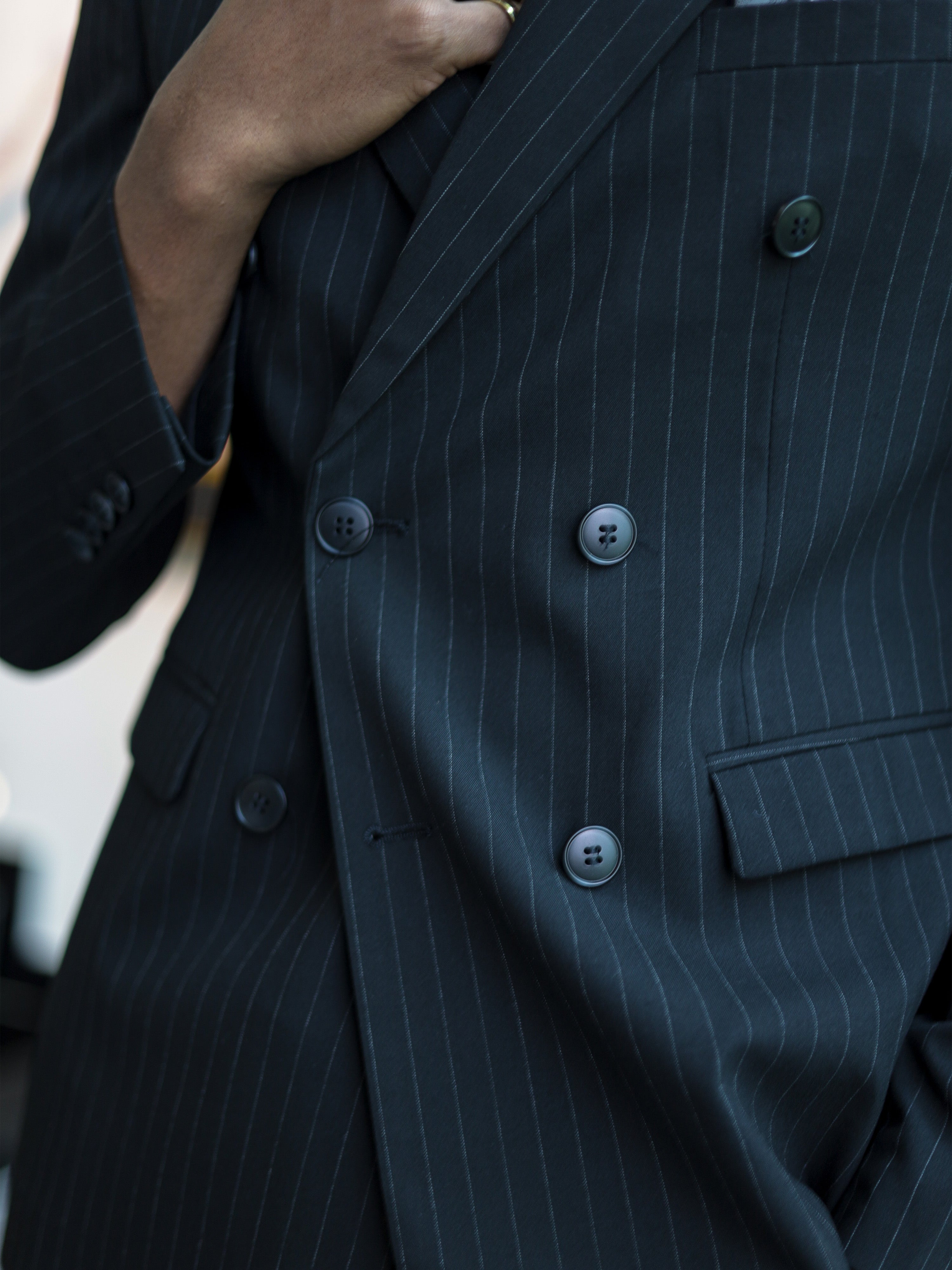 Double-Breasted Pinstripe Skinny Formal Suit in Black