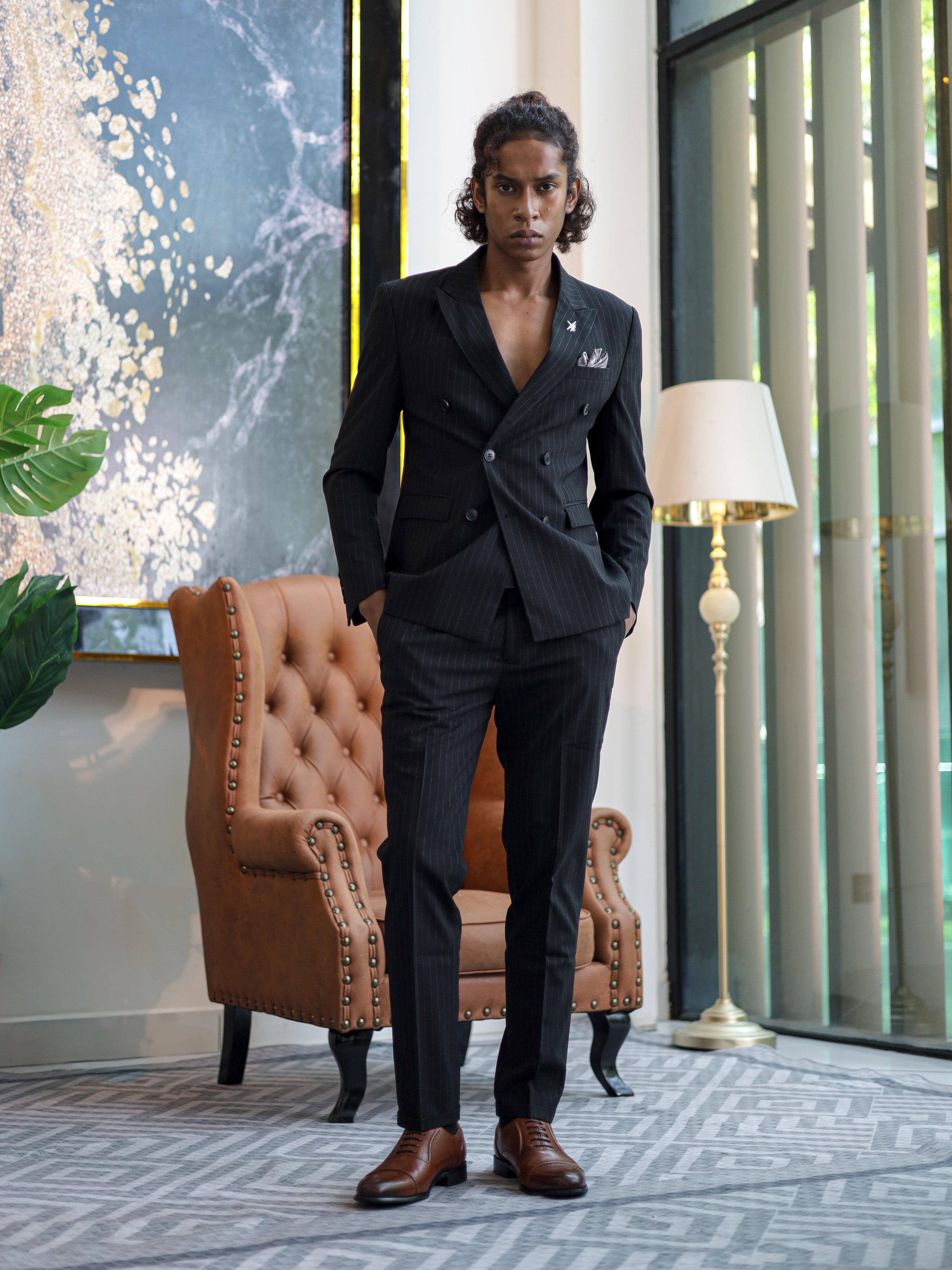 Double-Breasted Pinstripe Skinny Formal Suit in Black