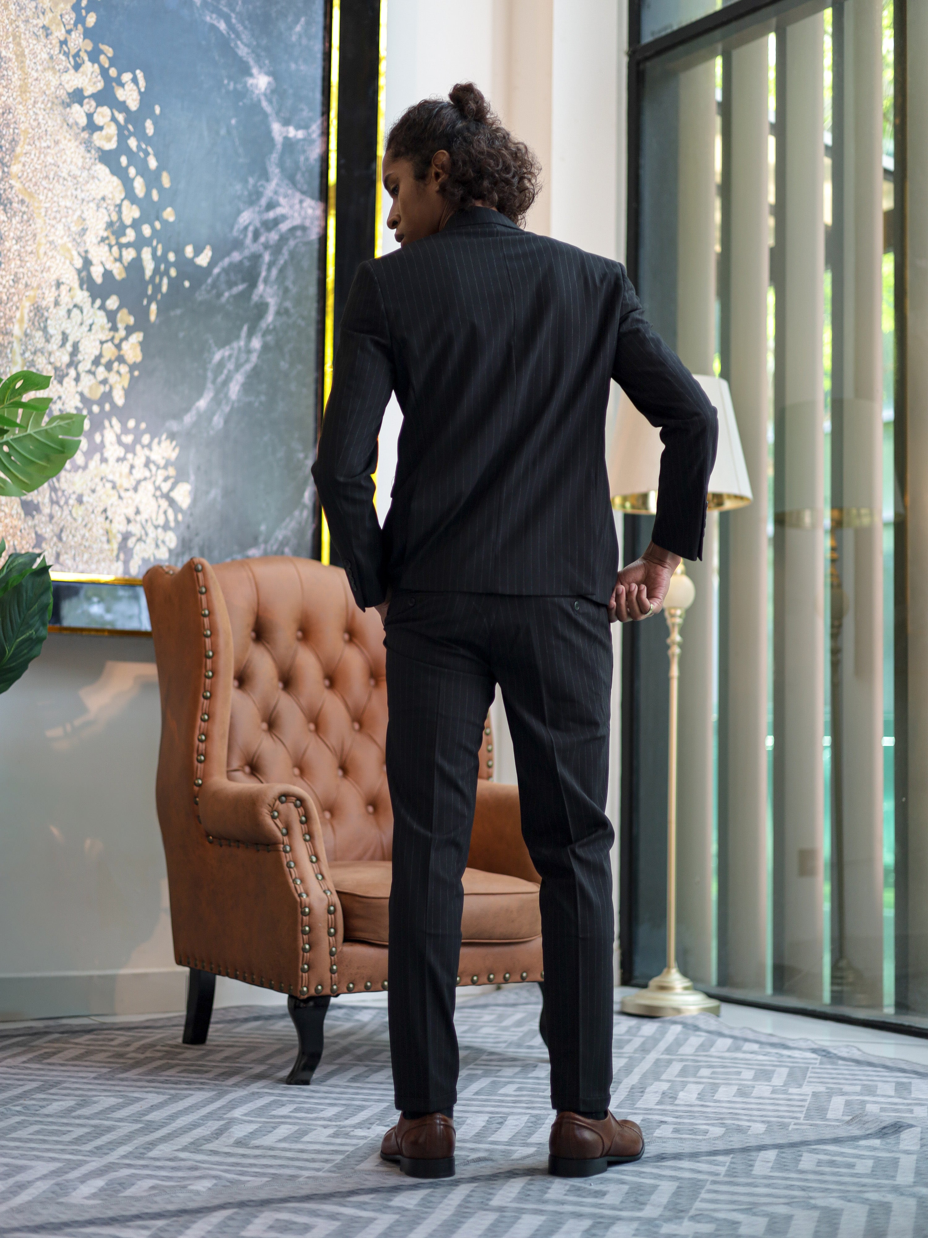 Double-Breasted Pinstripe Skinny Formal Suit in Black