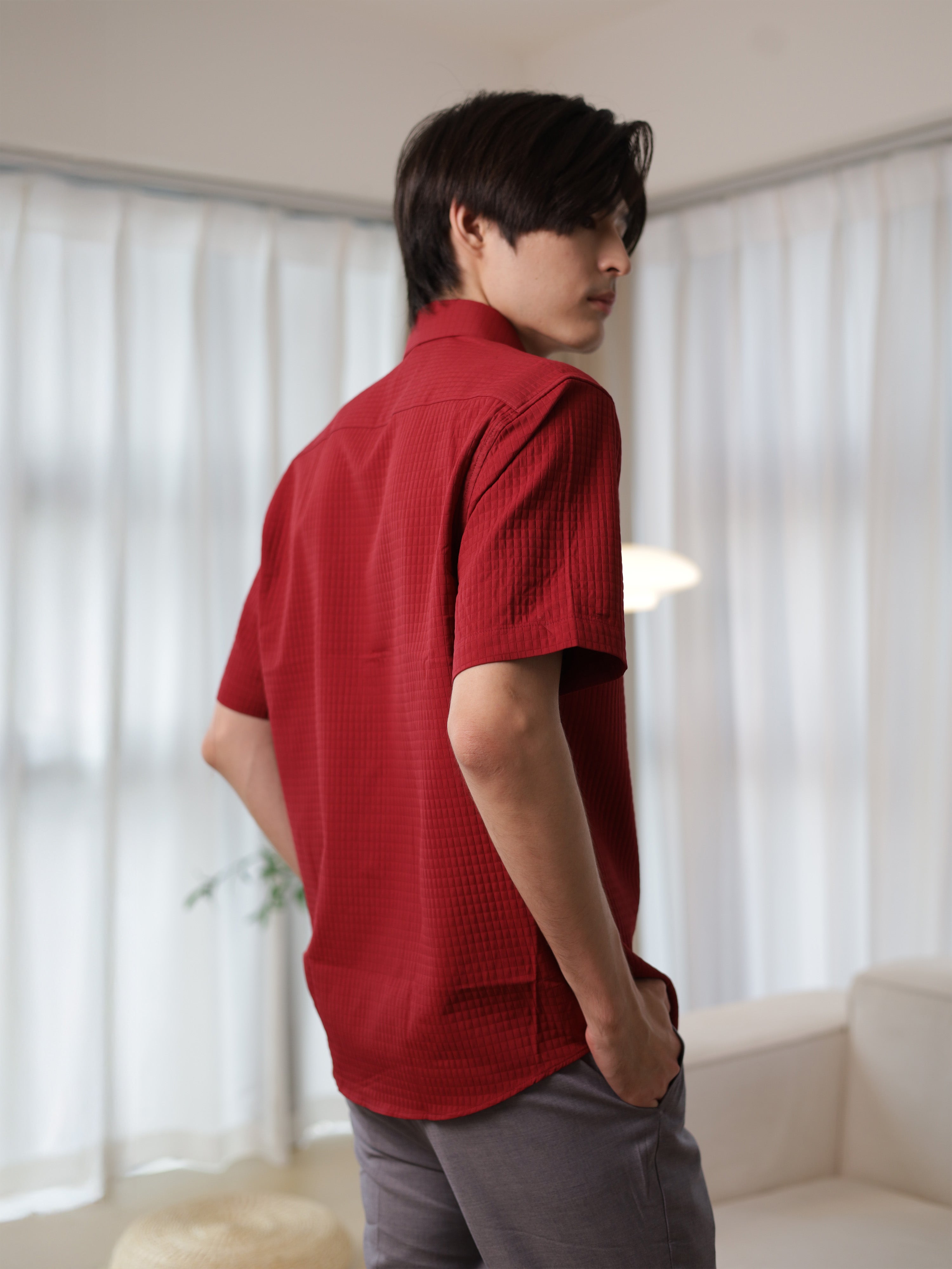 Matelassé-style Red Casual Shirt