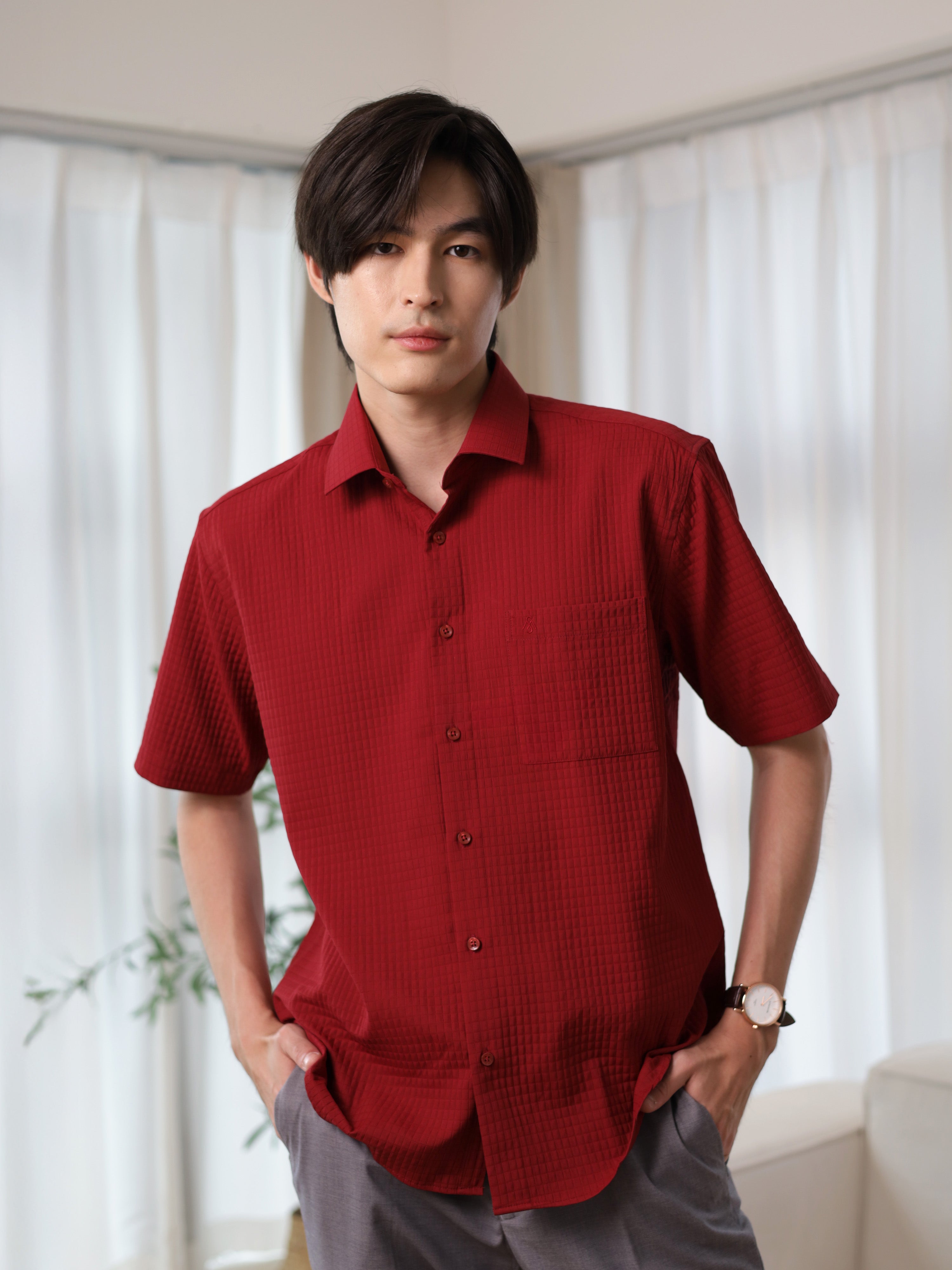 Matelassé-style Red Casual Shirt