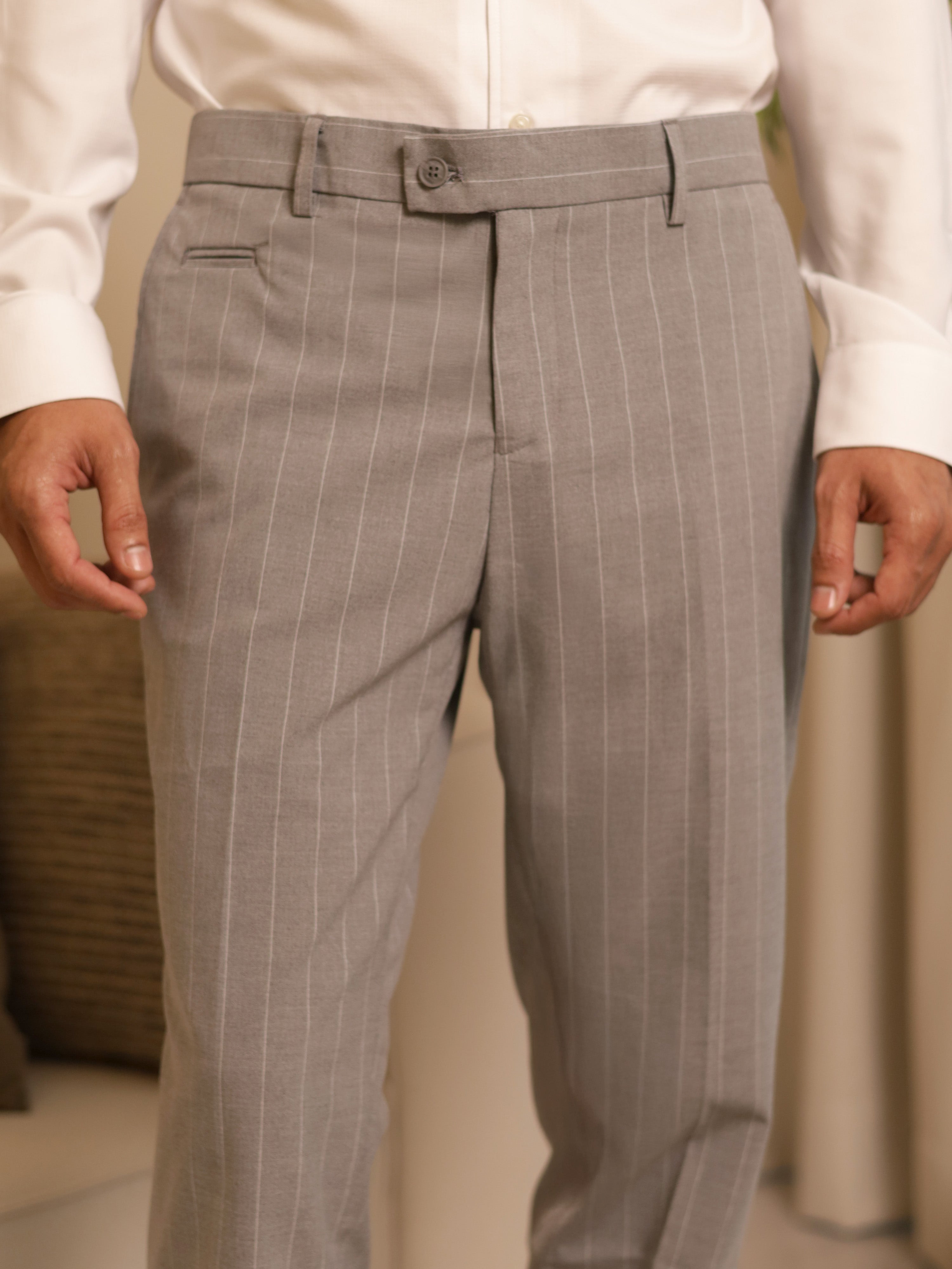 Neapolitan Pinstripe Formal Trousers in Light Grey
