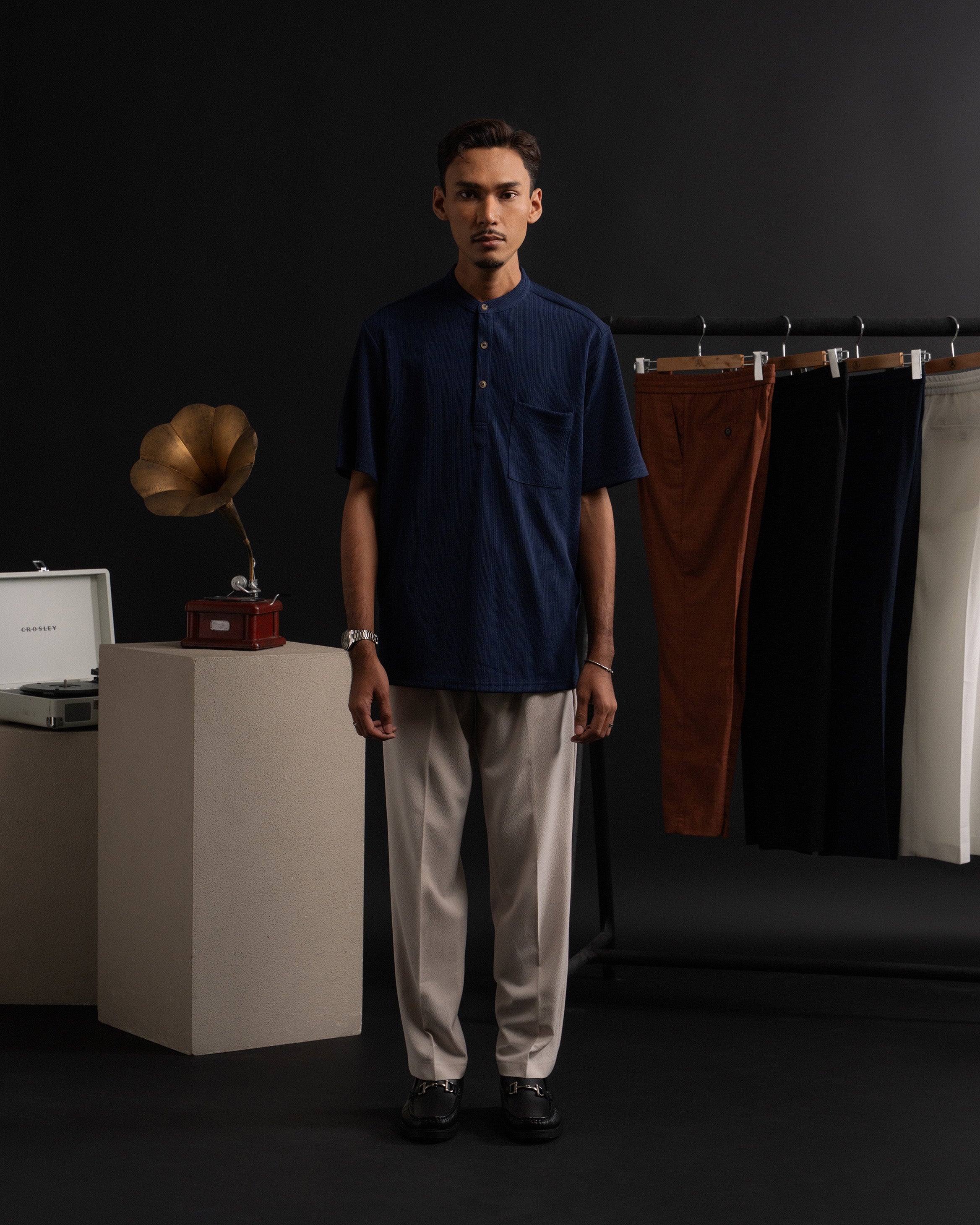 Striped Kurta Shirt in Navy Blue