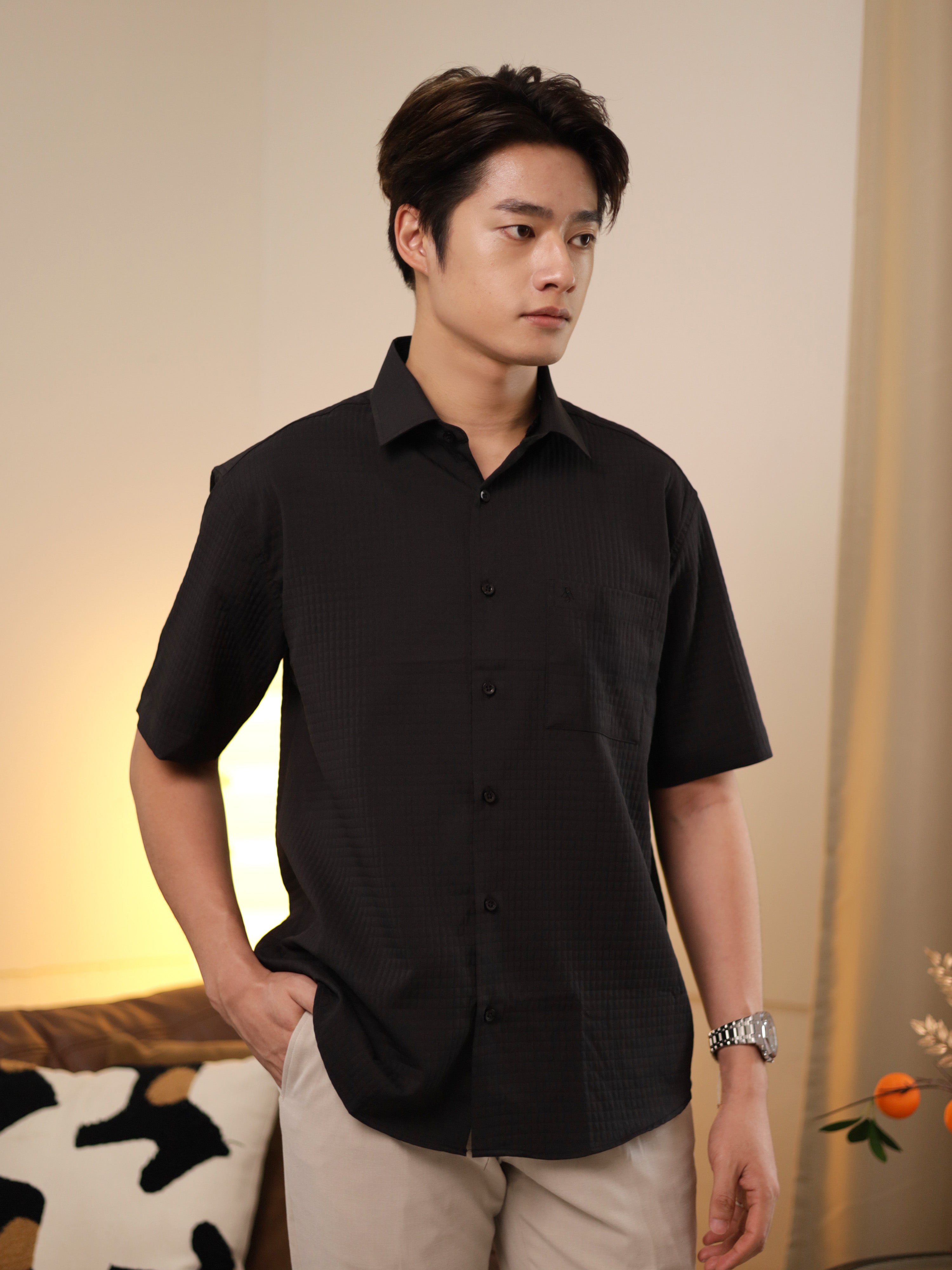 Matelassé-style Black Casual Shirt