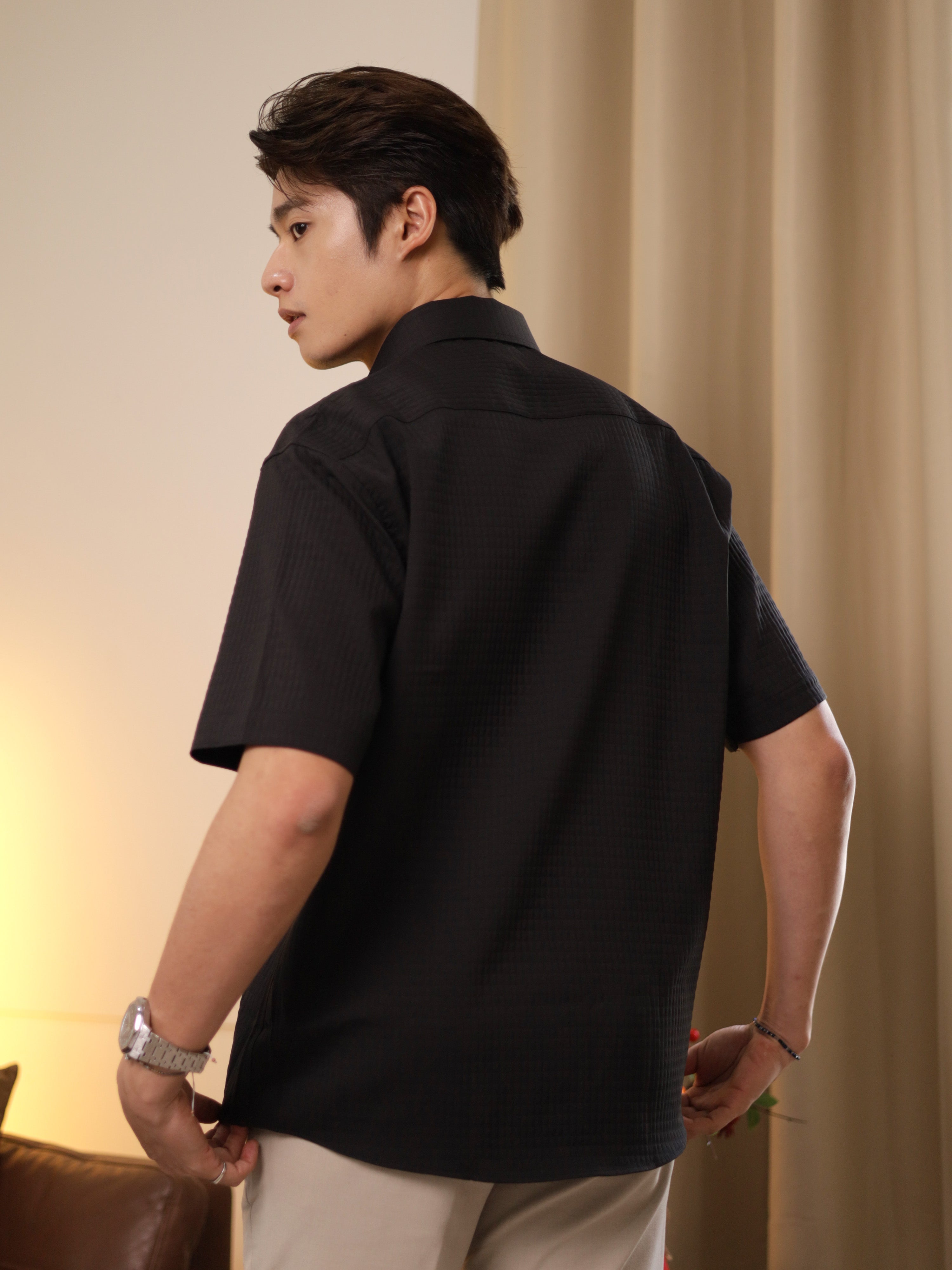 Matelassé-style Black Casual Shirt